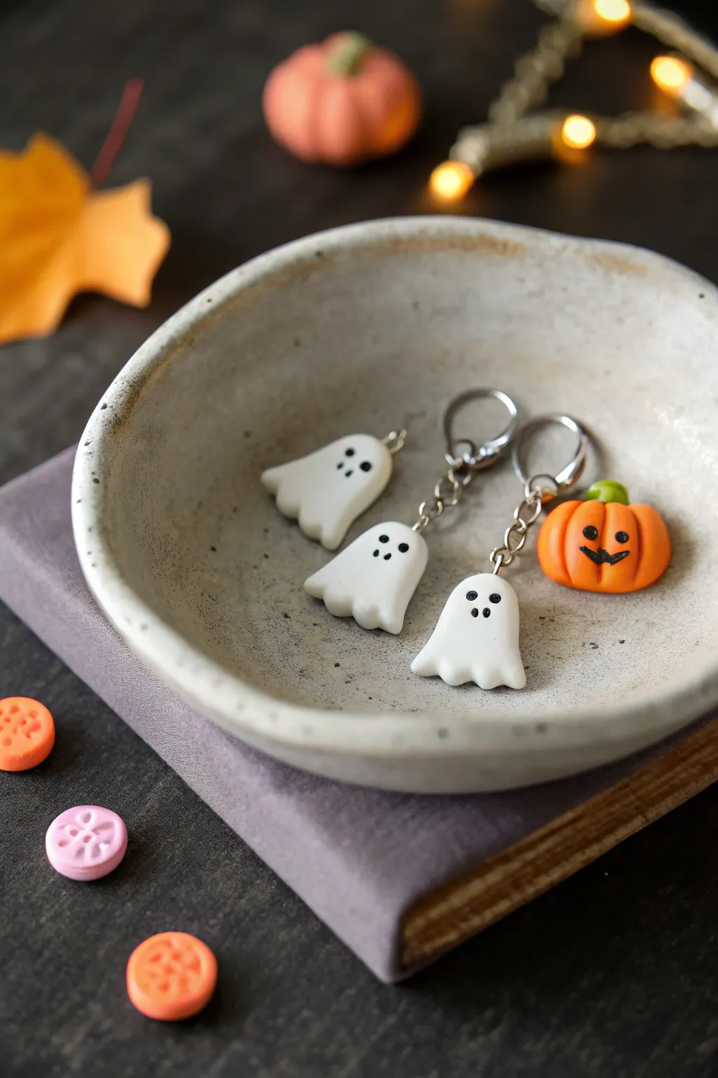 Cozy Halloween poly clay charms in a minimal trinket dish, cute ghosts and pumpkins