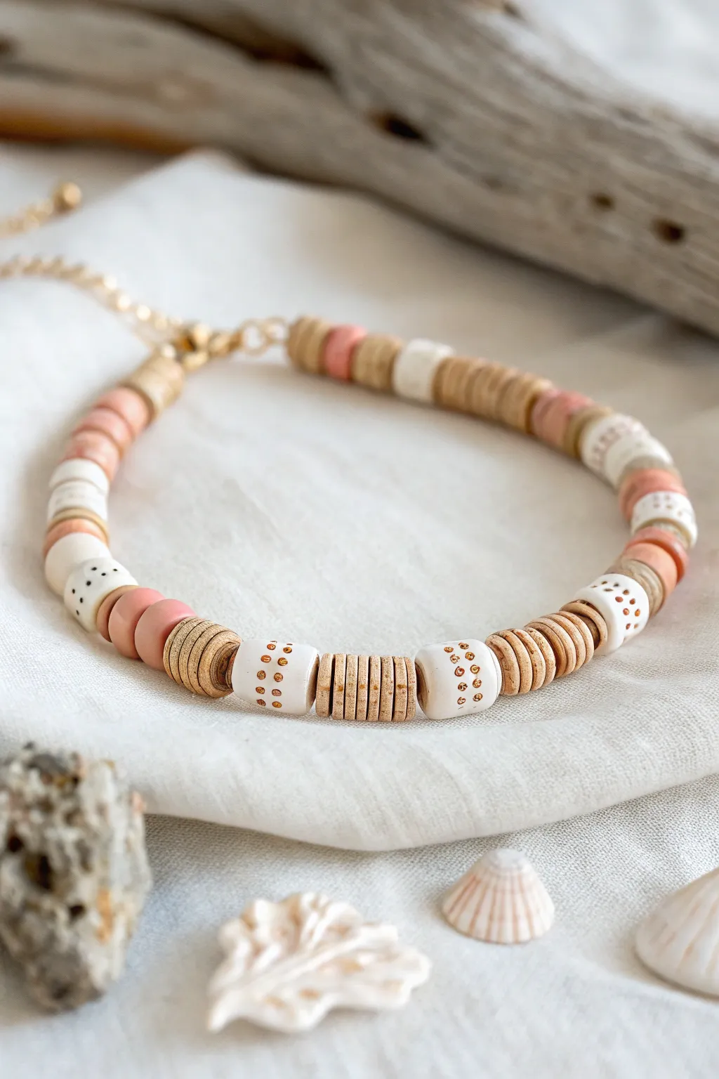 Textured stamped heishi beads add a tactile twist to a minimalist polymer clay bracelet.