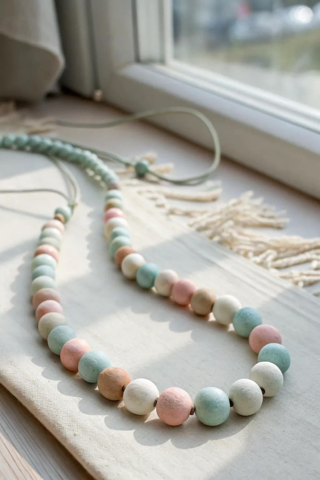 Watercolor-wash polymer clay beads with translucent layers, glowing softly in natural light.