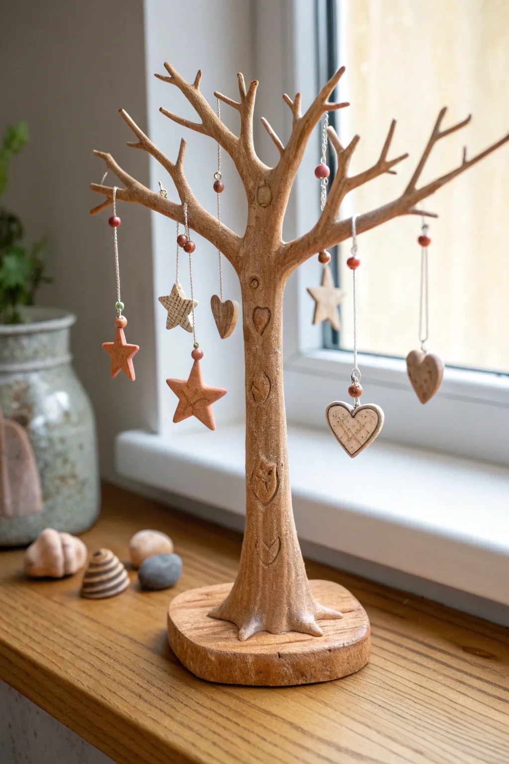 Minimal polymer clay tree with sweet hanging charms in warm light, a calm boho shelf display