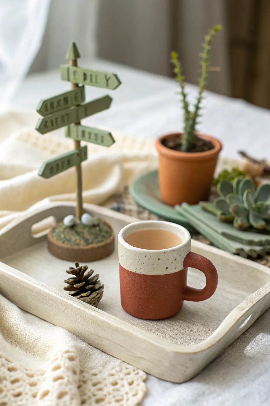 Mini polymer clay landmark keepsakes for your date: simple coffee cup and tiny sign charm set