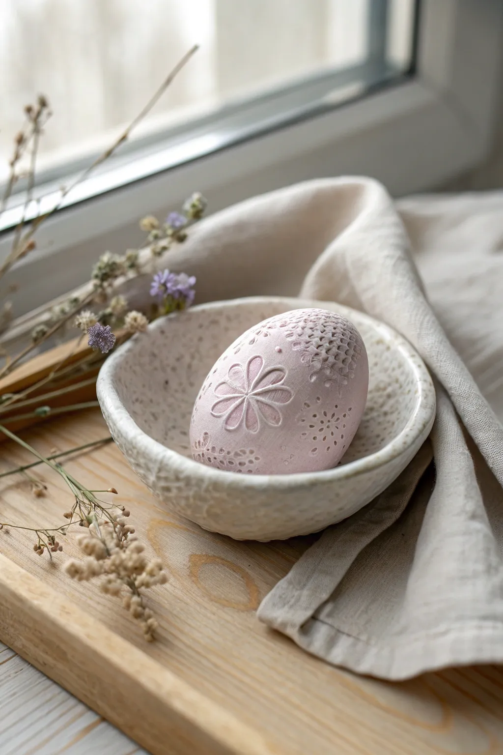 Soft pastel polymer clay egg with lace texture in minimalist dish, calm Easter decor.