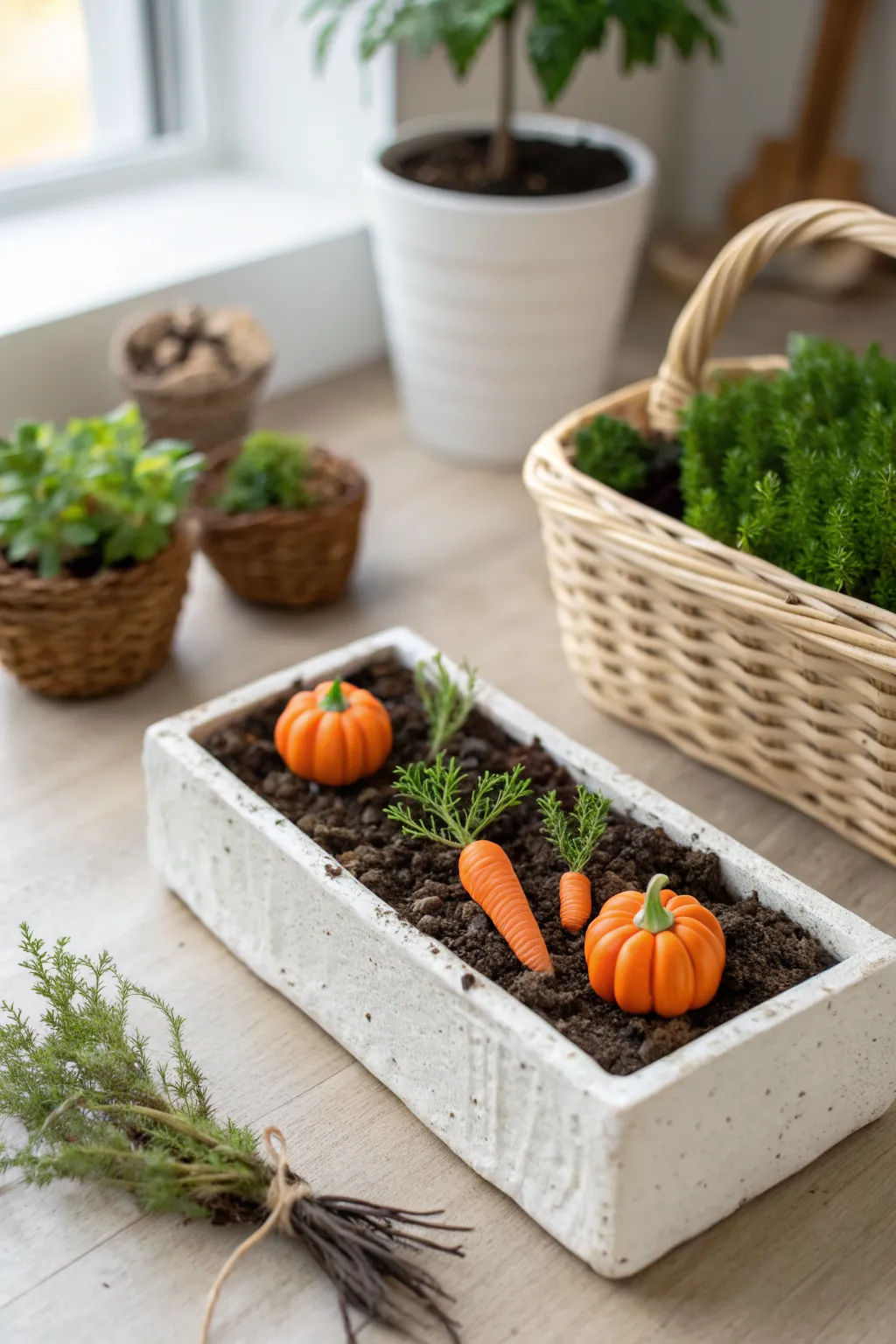 Fairy sized harvest scene with polymer clay veggies and a tiny basket in real soil, softly lit.