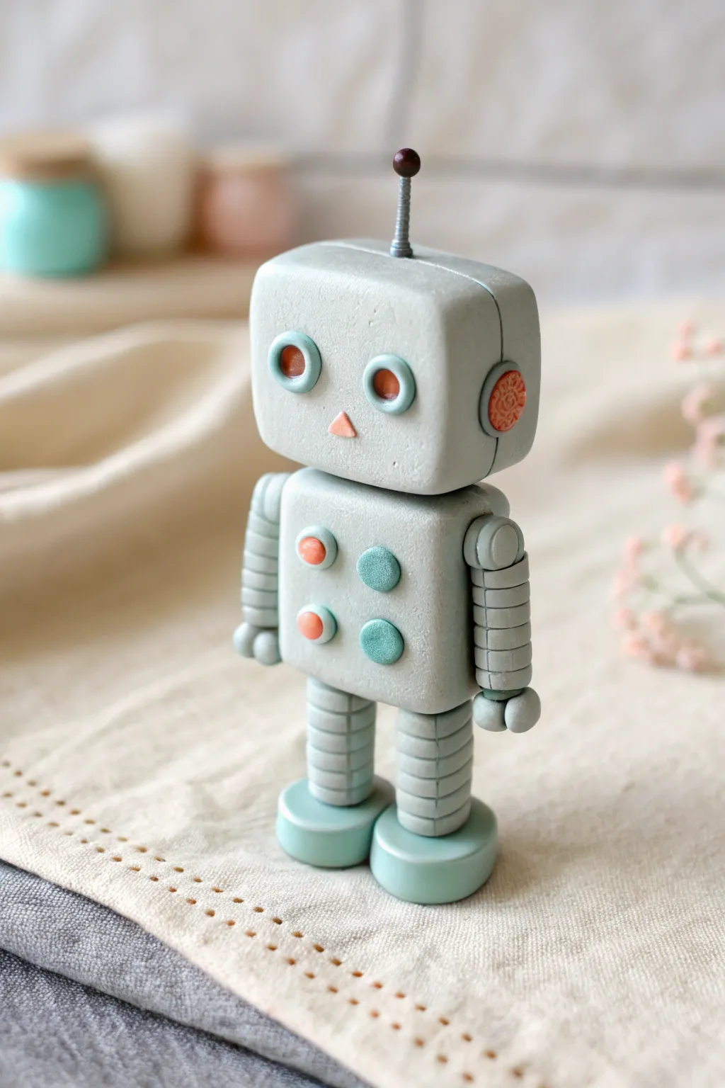 Tiny polymer clay robot buddy with clean shapes and playful contrast in a calm minimalist scene