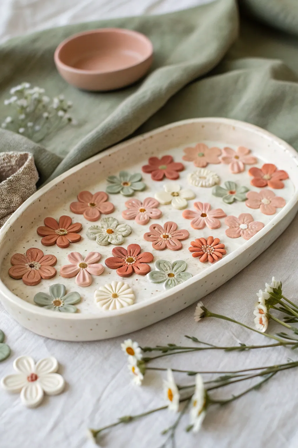 Confetti floral cane slices turn a simple tray into a sweet repeat pattern polymer clay design