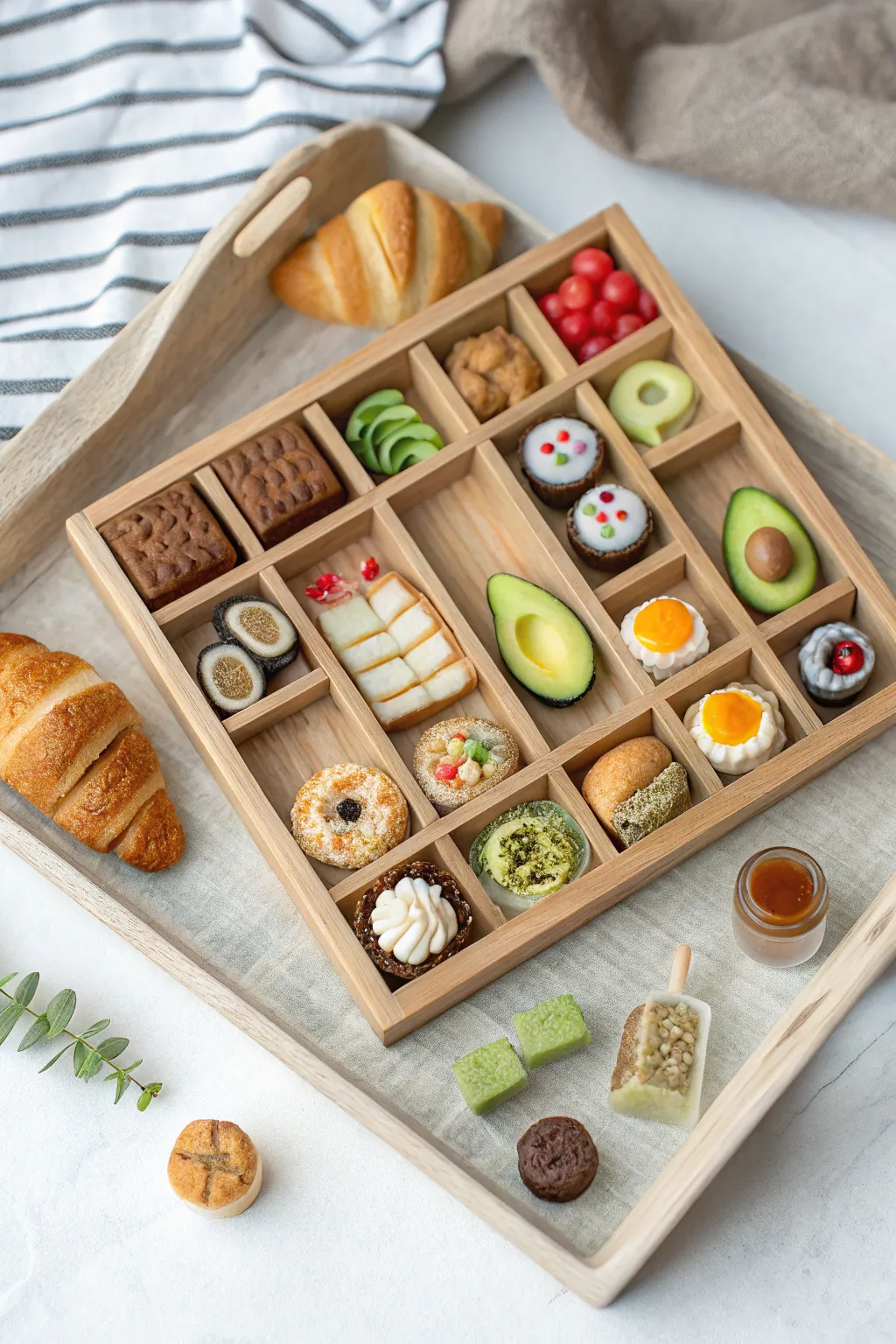 Mini polymer clay menu grid for dollhouse pantry fillers, sweet + savory in Nordic calm.