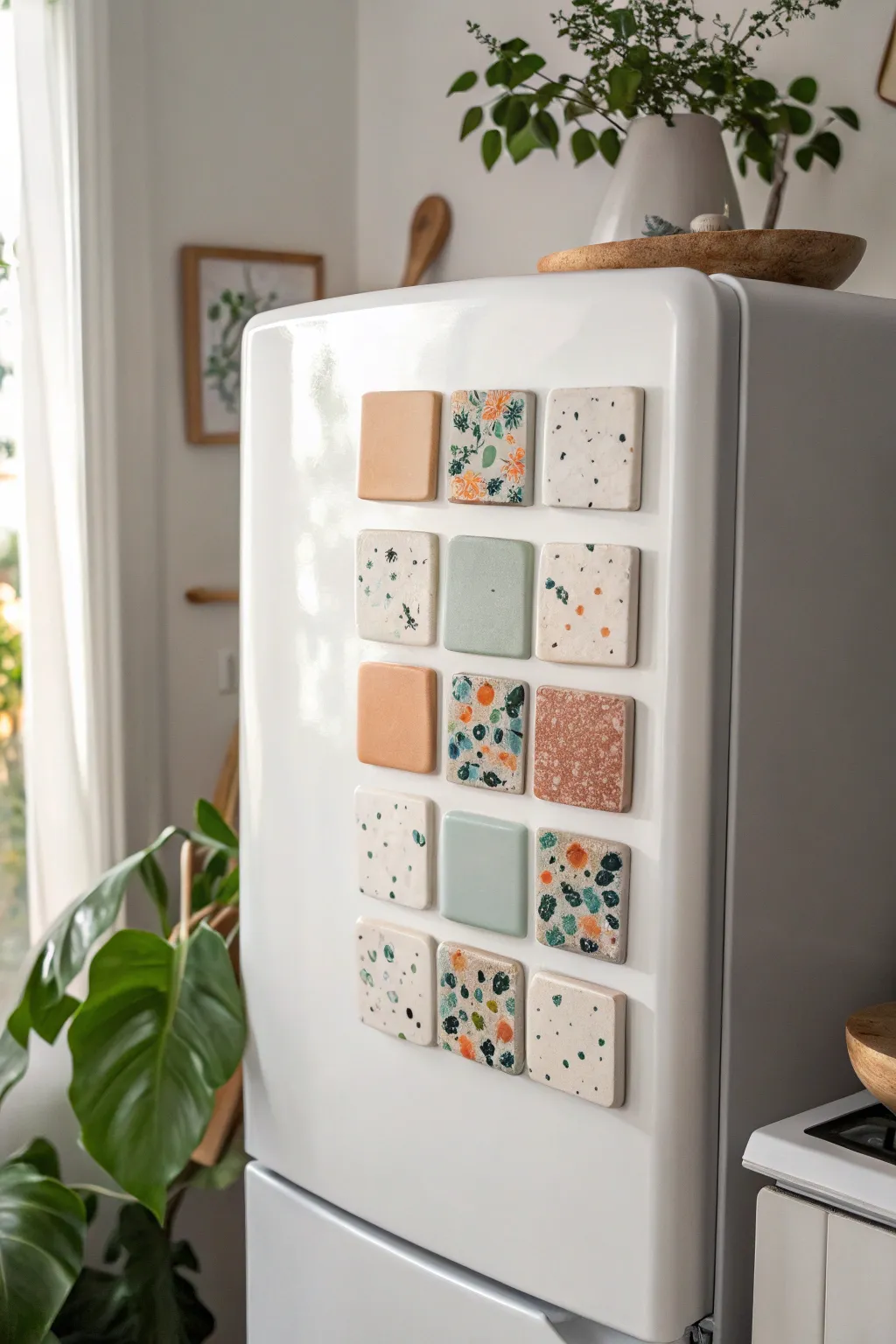 Abstract terrazzo polymer clay magnet tiles, styled as a mini modern art grid on your fridge