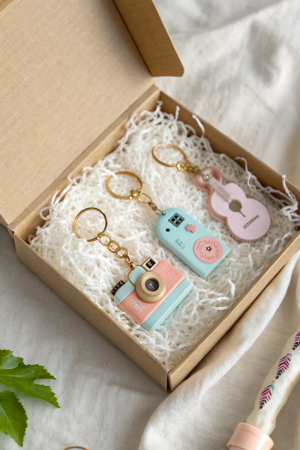 Tiny polymer clay hobby charms in a minimal gift box, a sweet personalized surprise.
