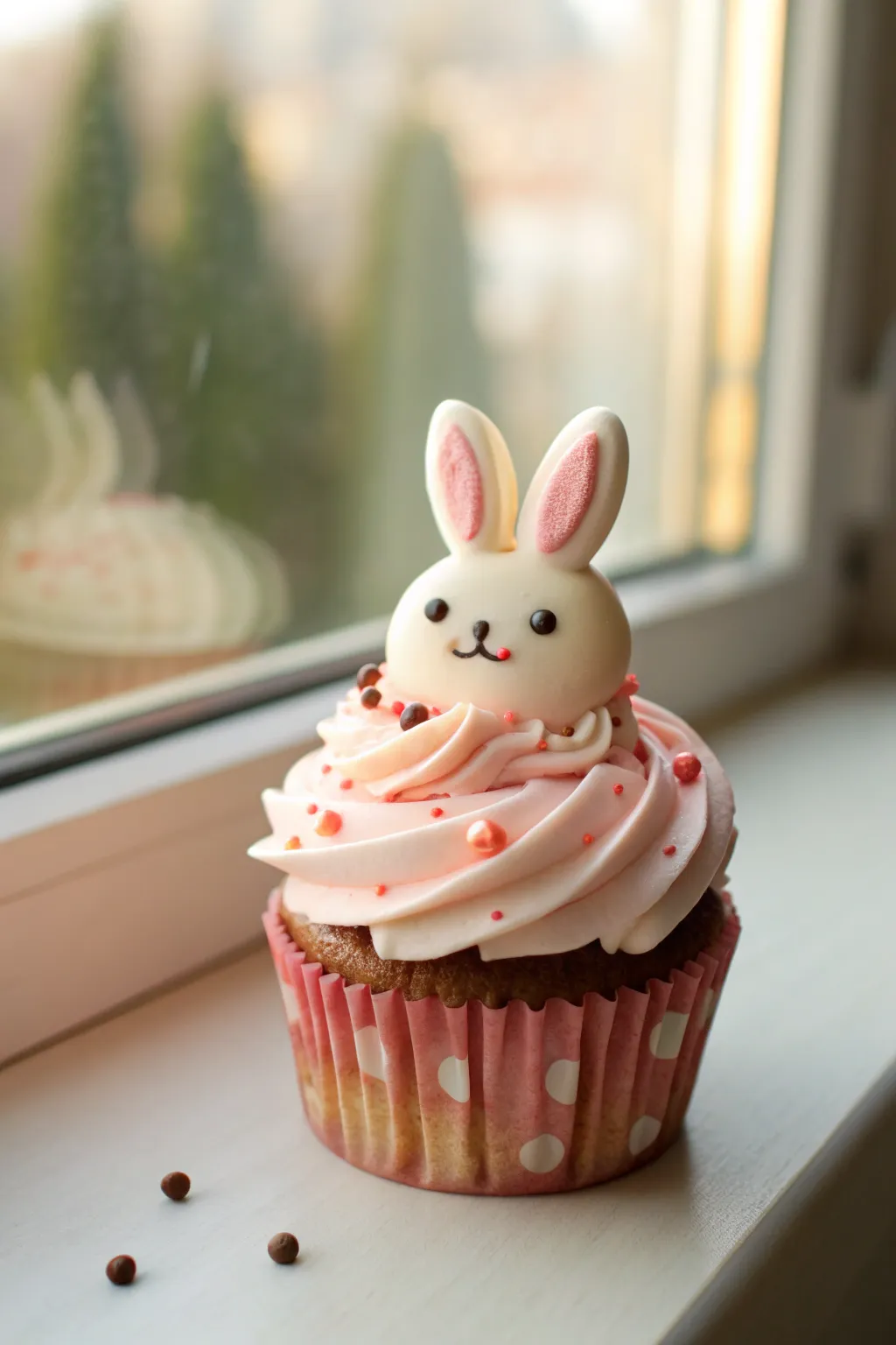 Sweet bunny cupcake clay figure with simple sprinkles, minimalist boho styling for your shelf