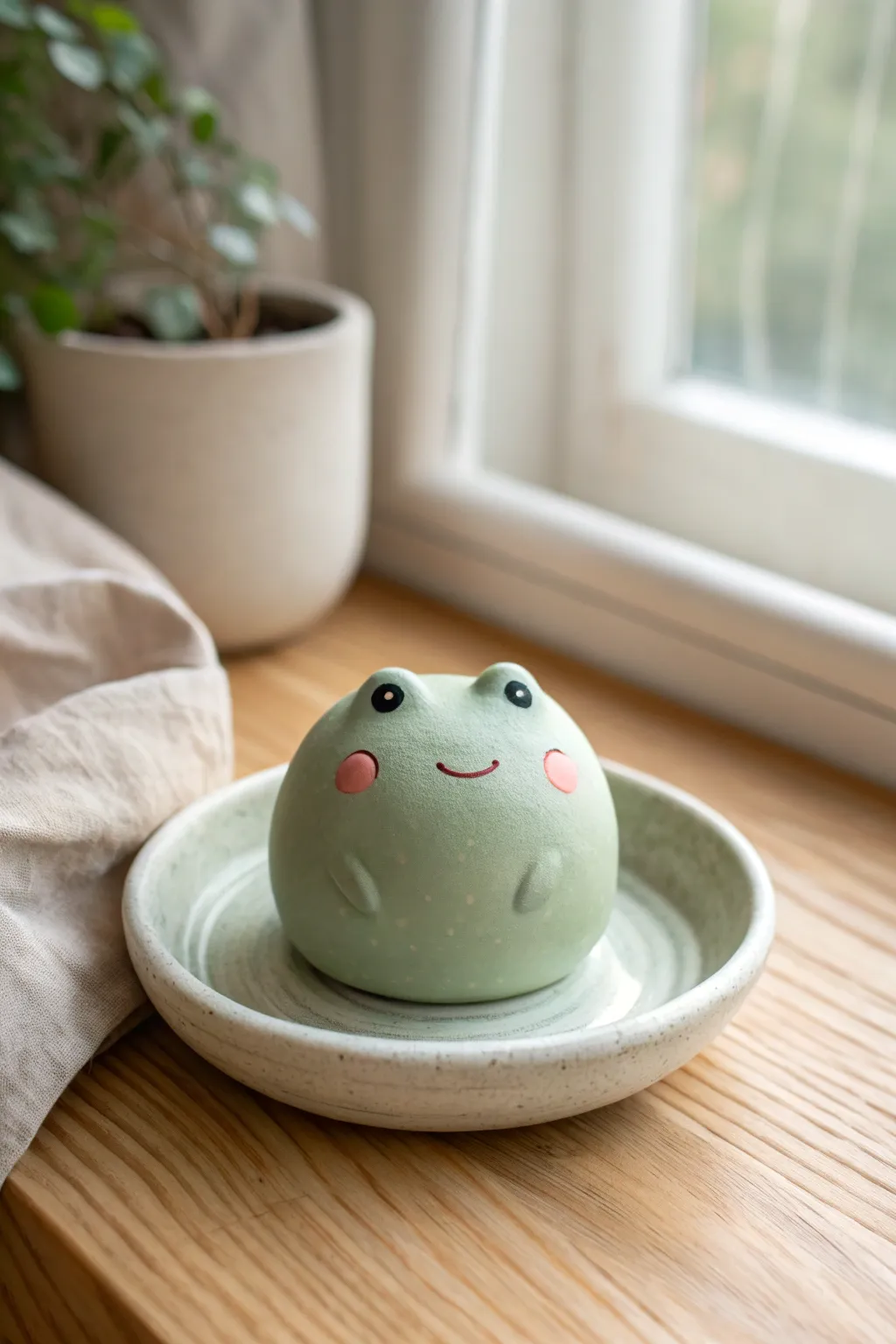 Beginner-friendly polymer clay blob animal with a simple painted face, Scandinavian boho vibe.