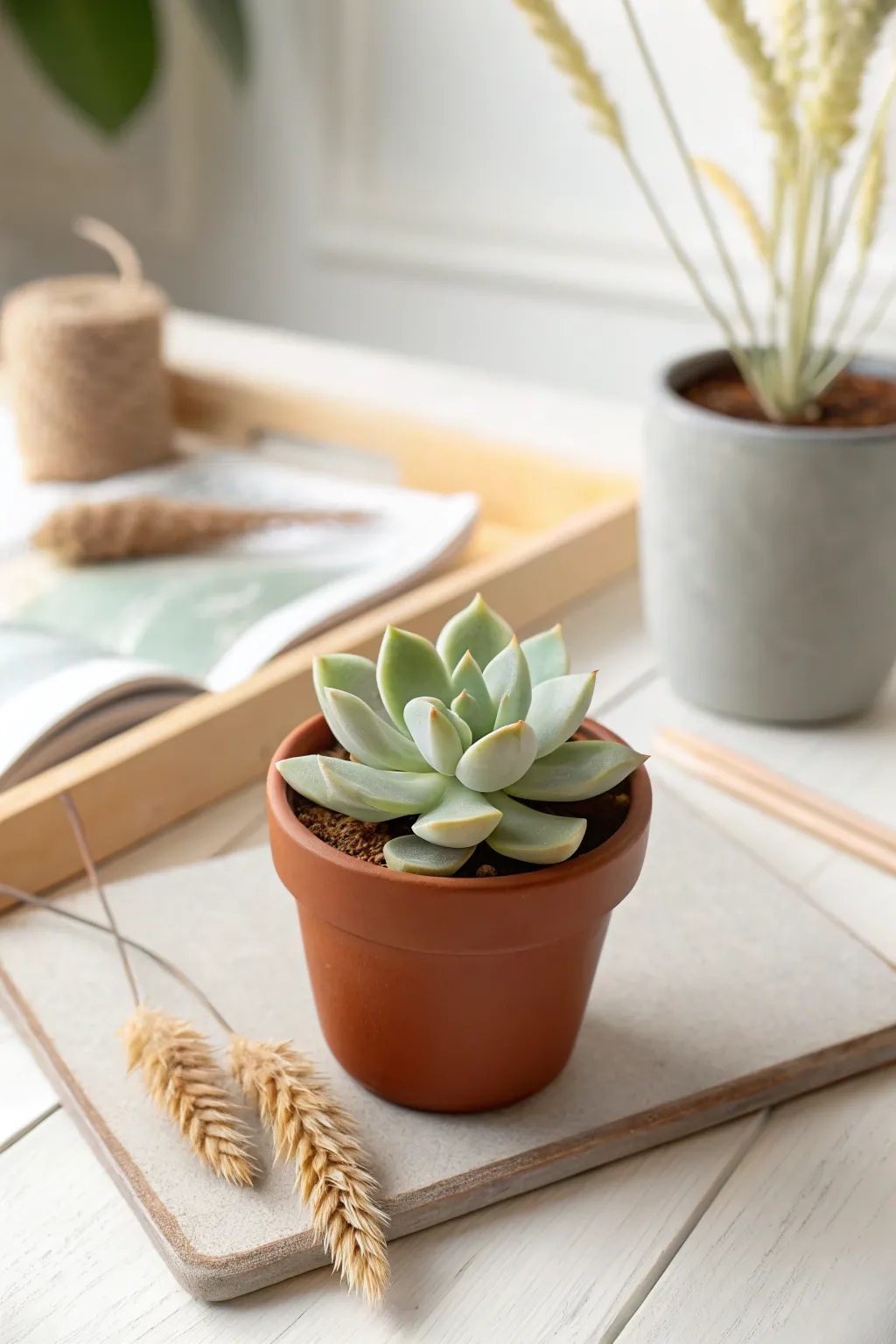 Tiny polymer clay succulent in a mini pot, styled on a bright minimalist desk