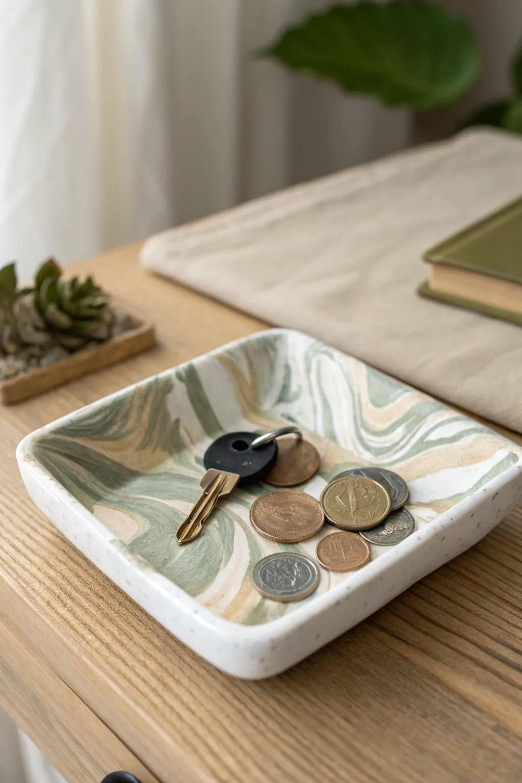 Minimal camo polymer clay trinket tray with crisp edges, styled with coins and a key.