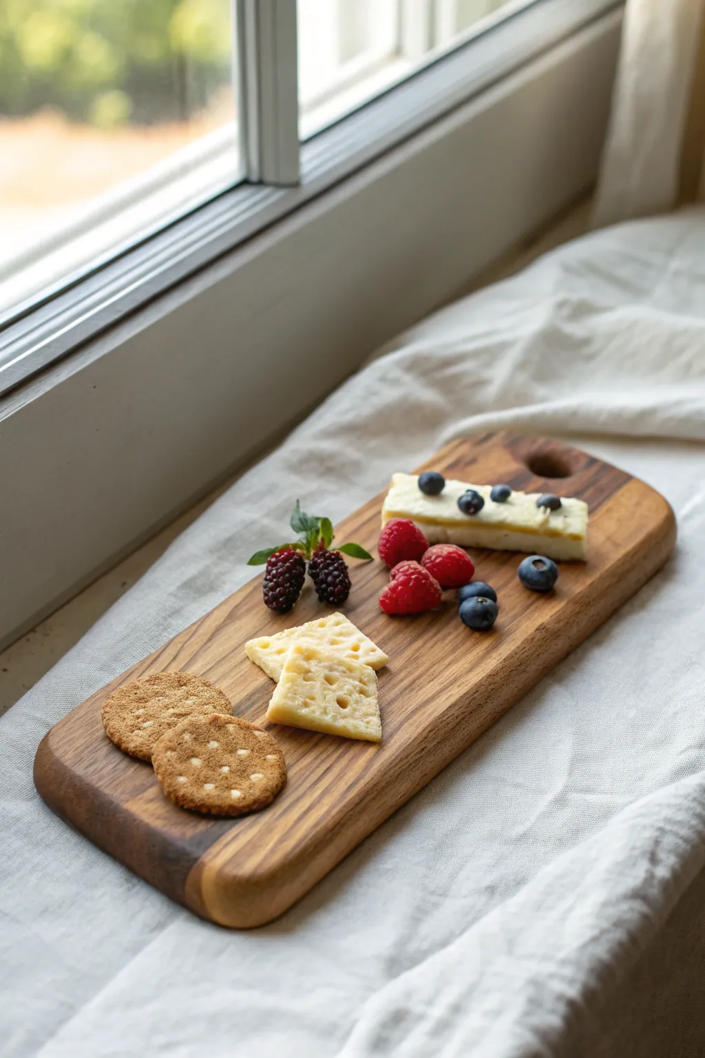 Mini polymer clay charcuterie board magnet with tiny cheese, crackers, and fruit in a clean style