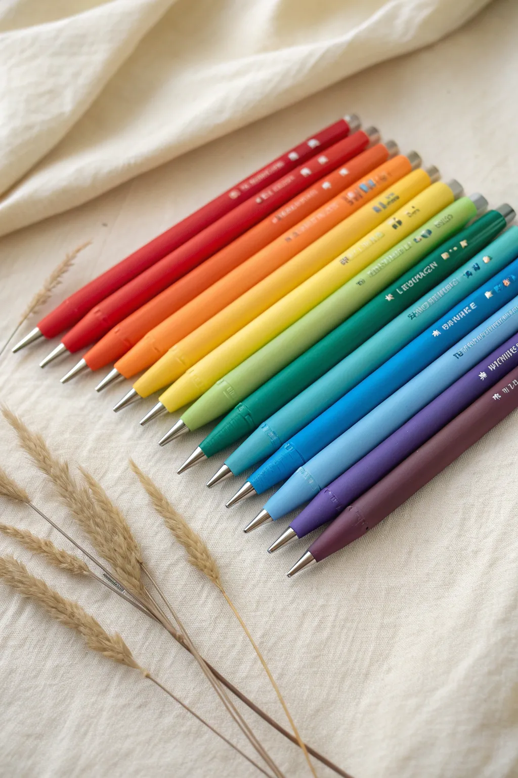 Satisfying rainbow gradient polymer clay pens in a clean, minimalist flat lay for inspo.