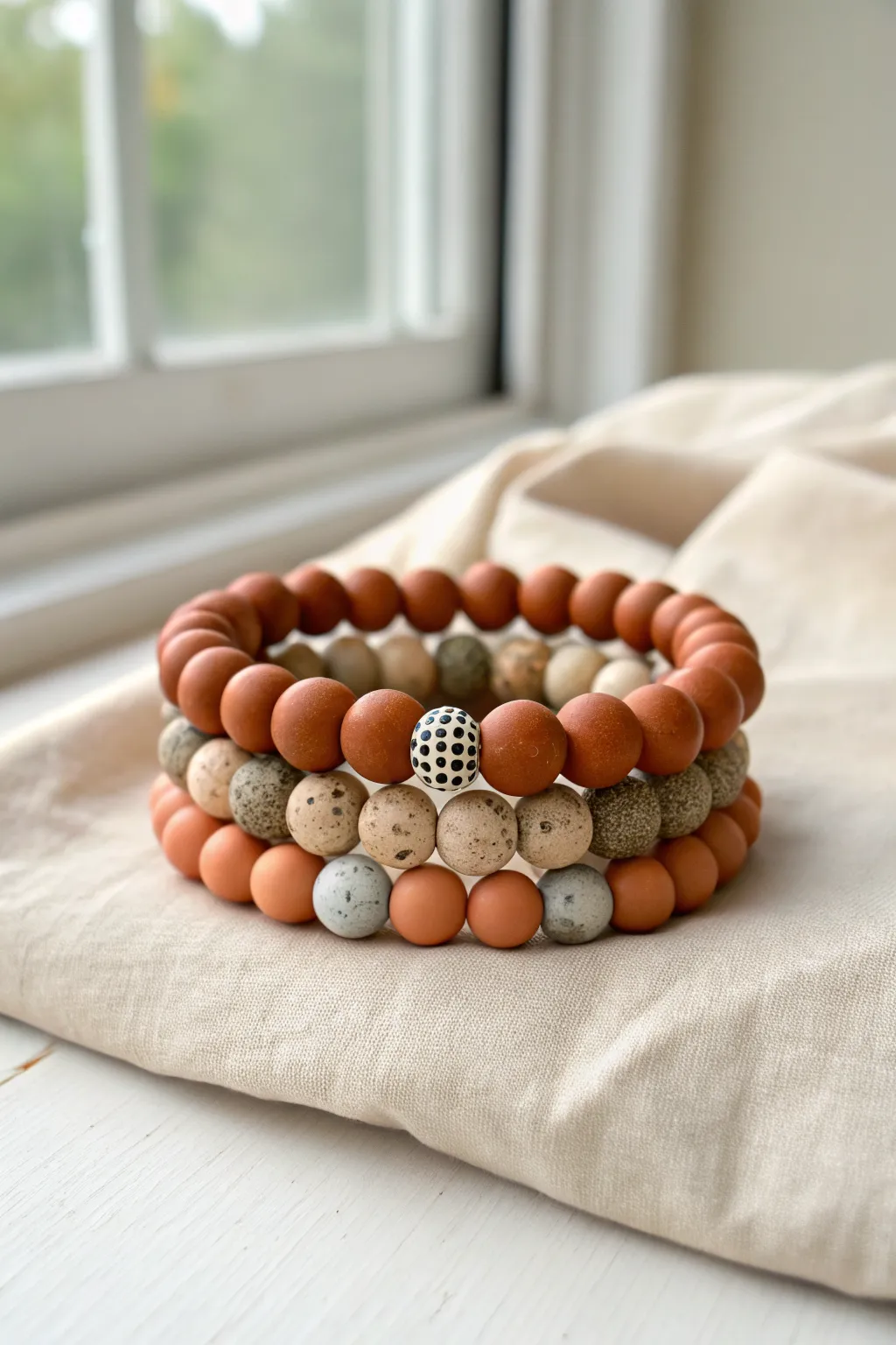 Faux stone and earthy neutral polymer clay bracelet stack for a calm, grounded boho look
