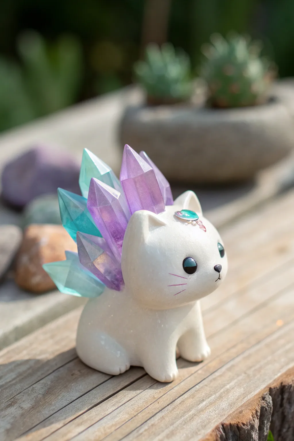 Polymer clay crystal-back critter in soft boho hues, minimalist styling and crisp contrast