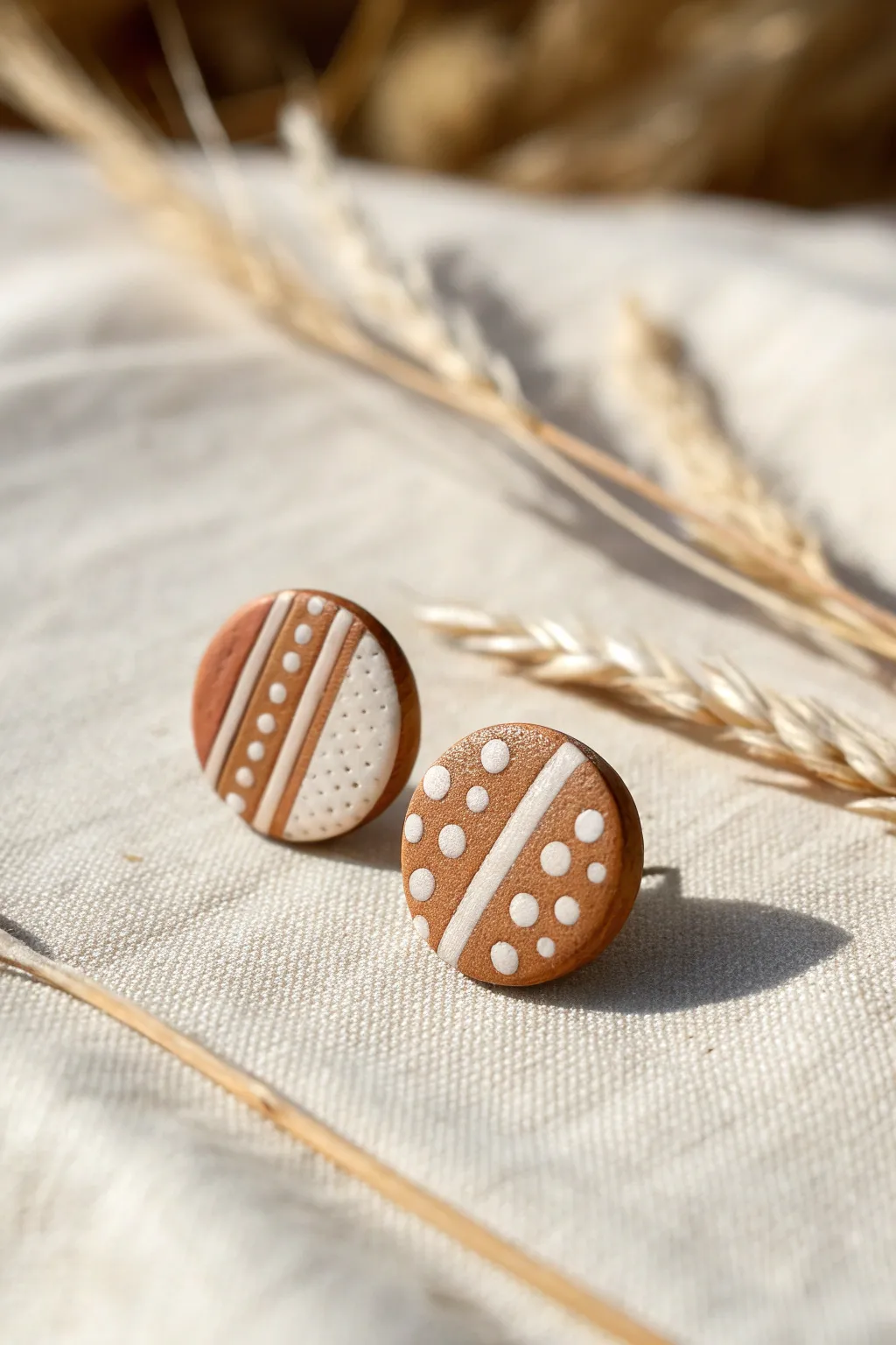 Minimal inlaid dots and stripes polymer clay stud earring in soft neutrals, crisp and handmade.