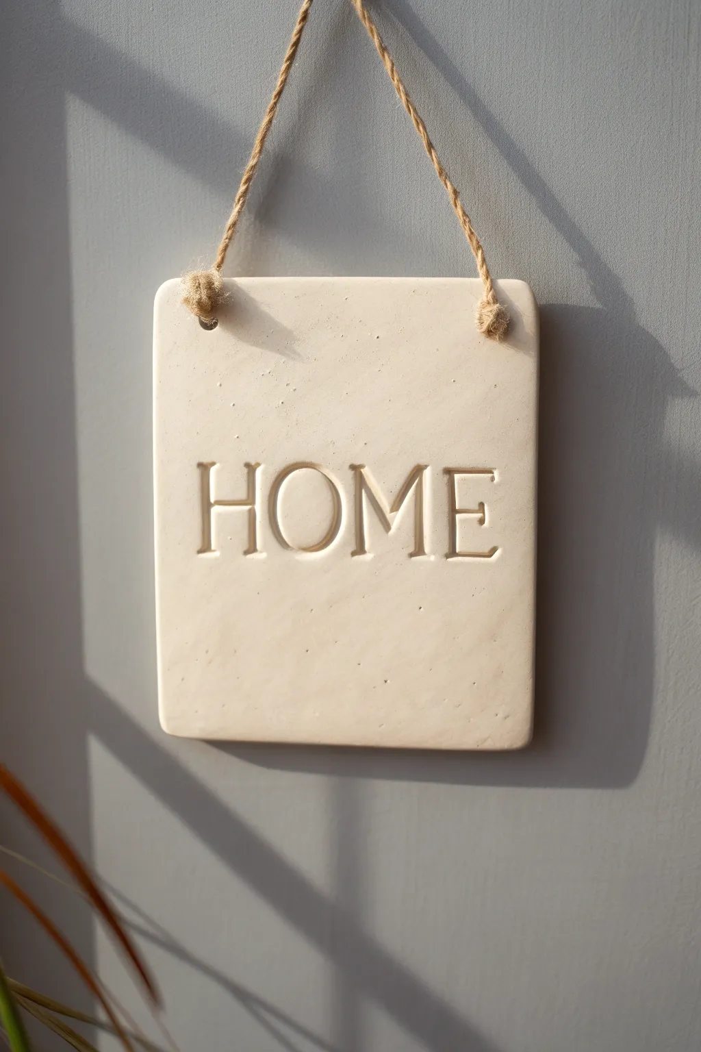 Neutral polymer clay raised-letter tile wall art with soft texture, modern Scandinavian boho look