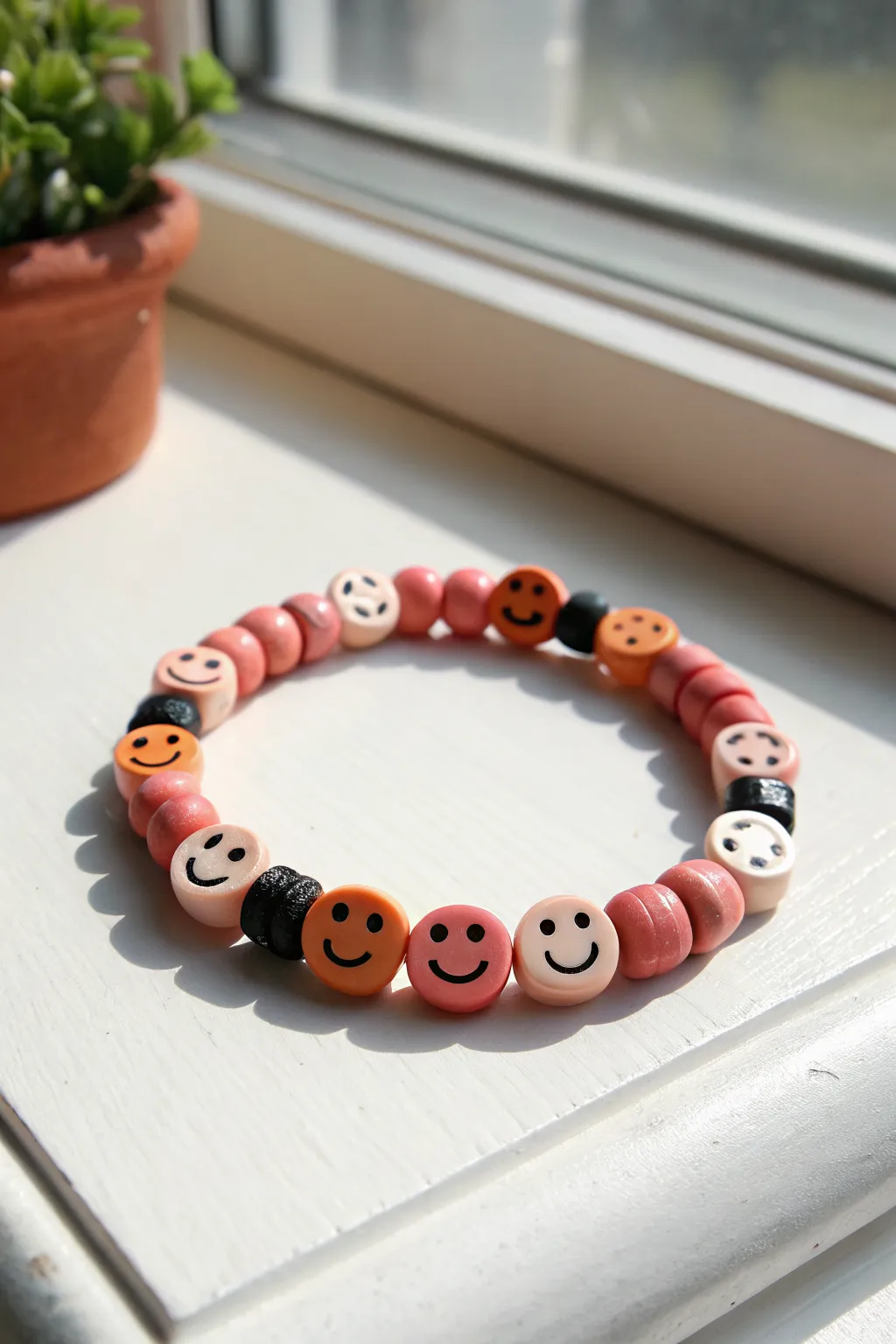 Simple face cane slice beads in bold colors, styled minimally for cute polymer clay inspiration