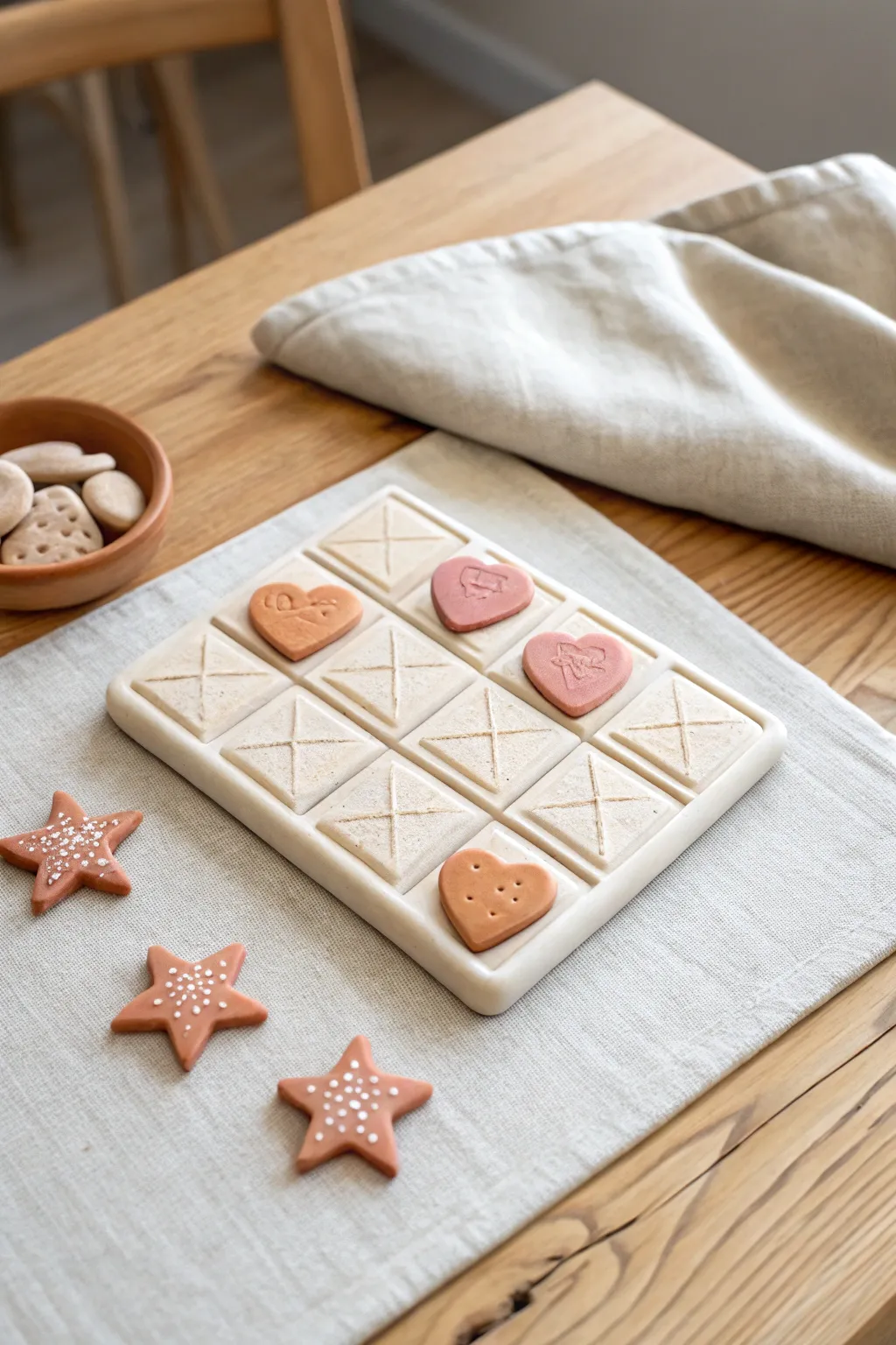 Minimalist polymer clay tic-tac-toe set with hearts and stars for cozy coffee-table styling