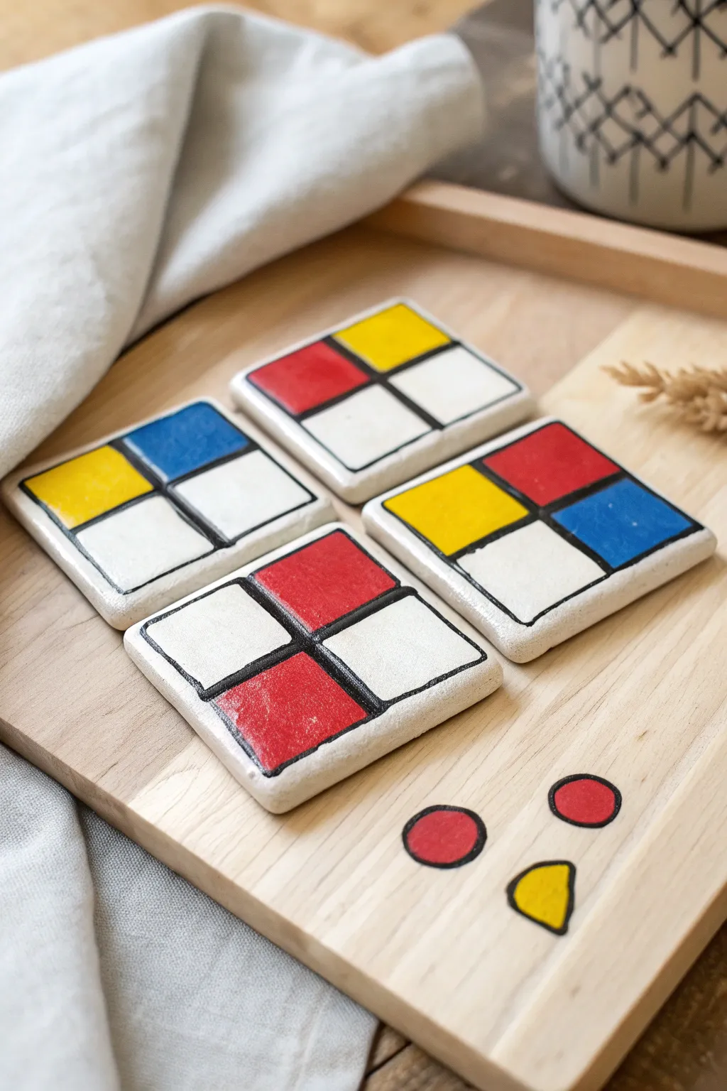 Mini pop art comic tile set in bold primary colors, a playful handmade pottery accent for home.