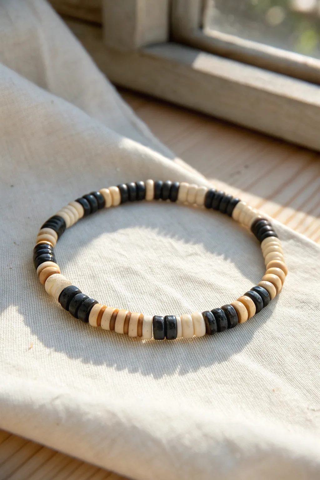 Bold checkerboard heishi bead bracelet in black and ivory for a clean Scandinavian boho look