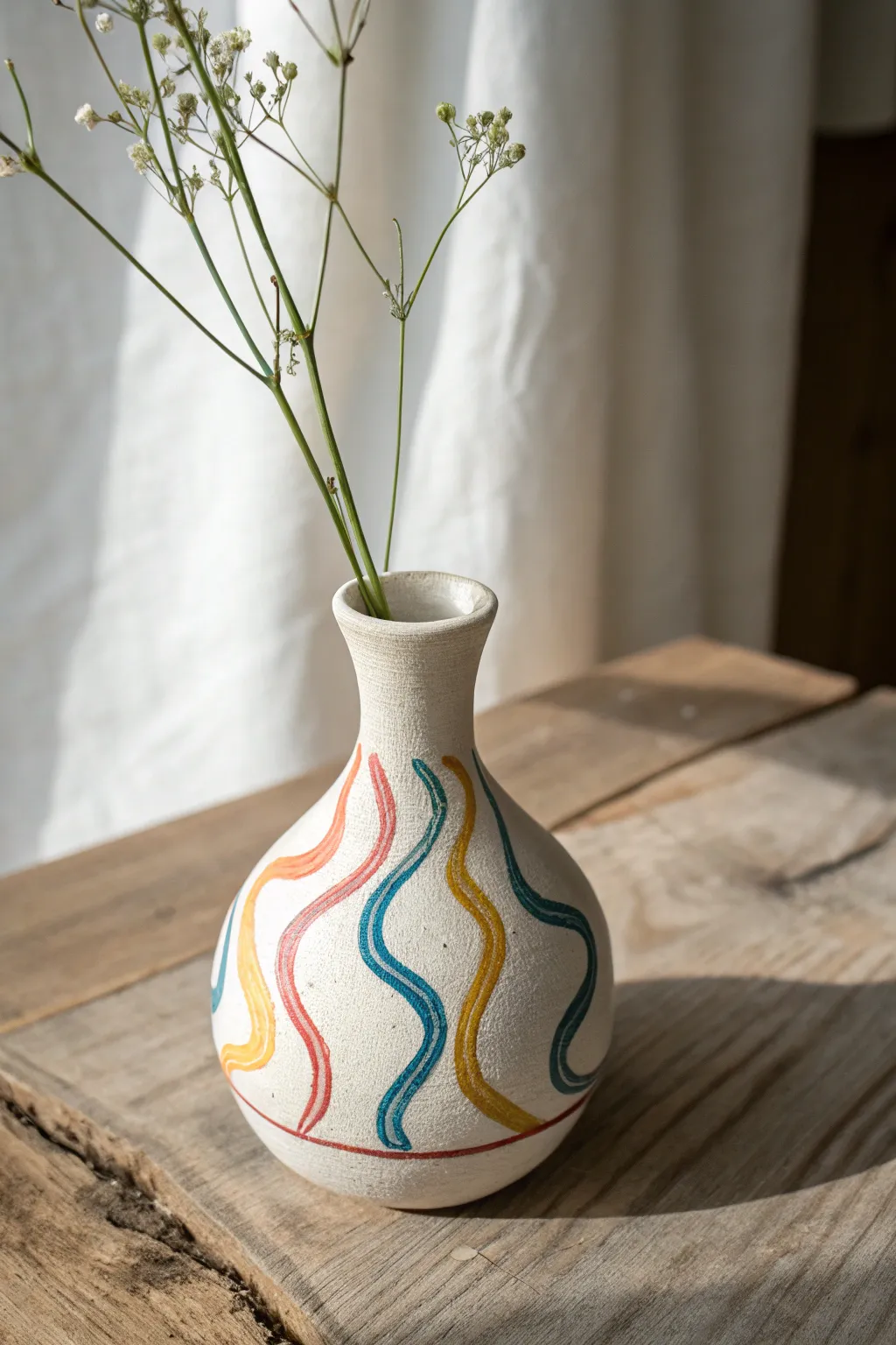 A minimalist white bud vase wrapped in bright porcelain relief ribbons, styled with one simple stem.