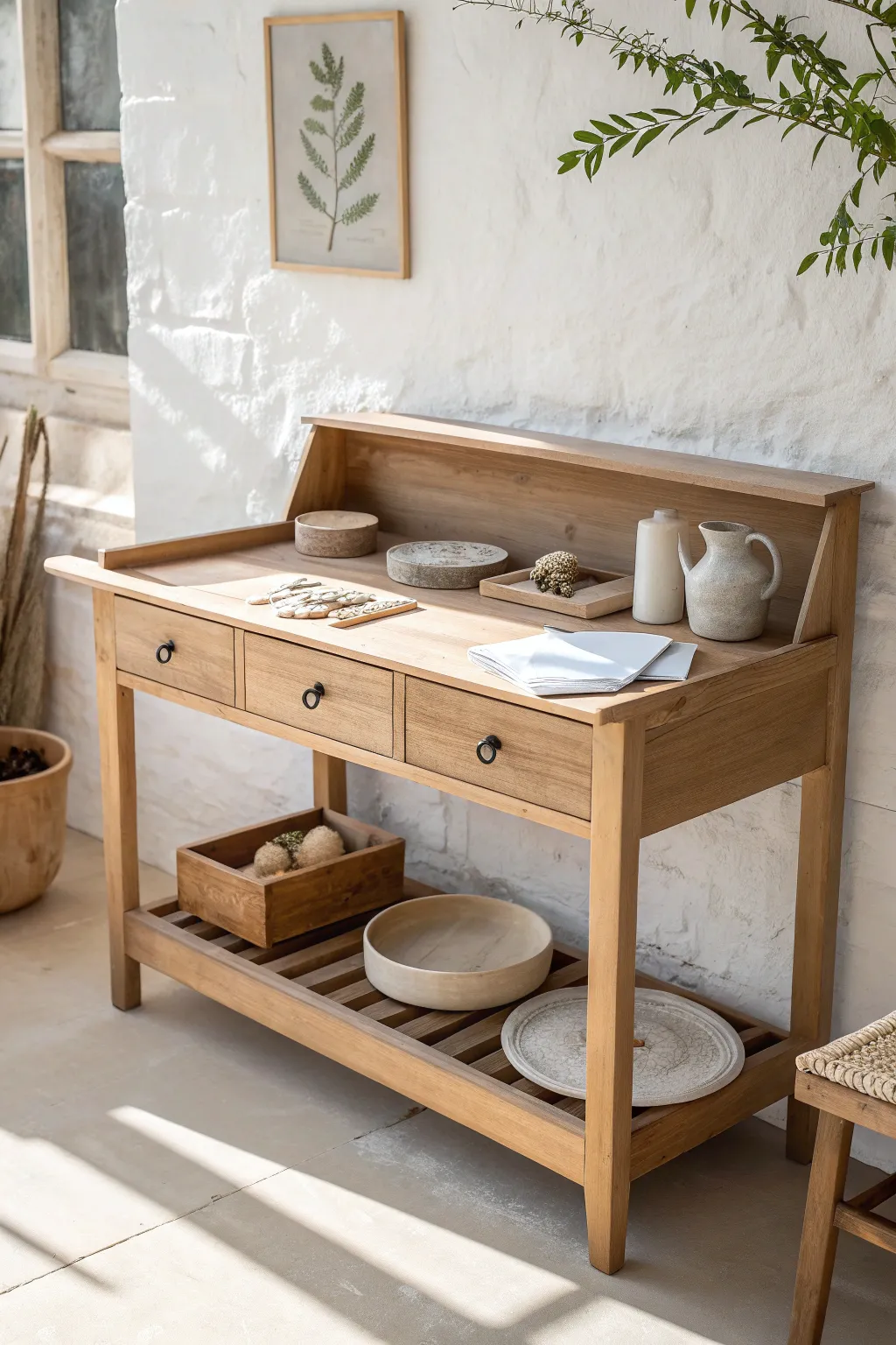 Smart slab-template drawer storage: a minimalist potter bench idea that keeps patterns perfectly flat.