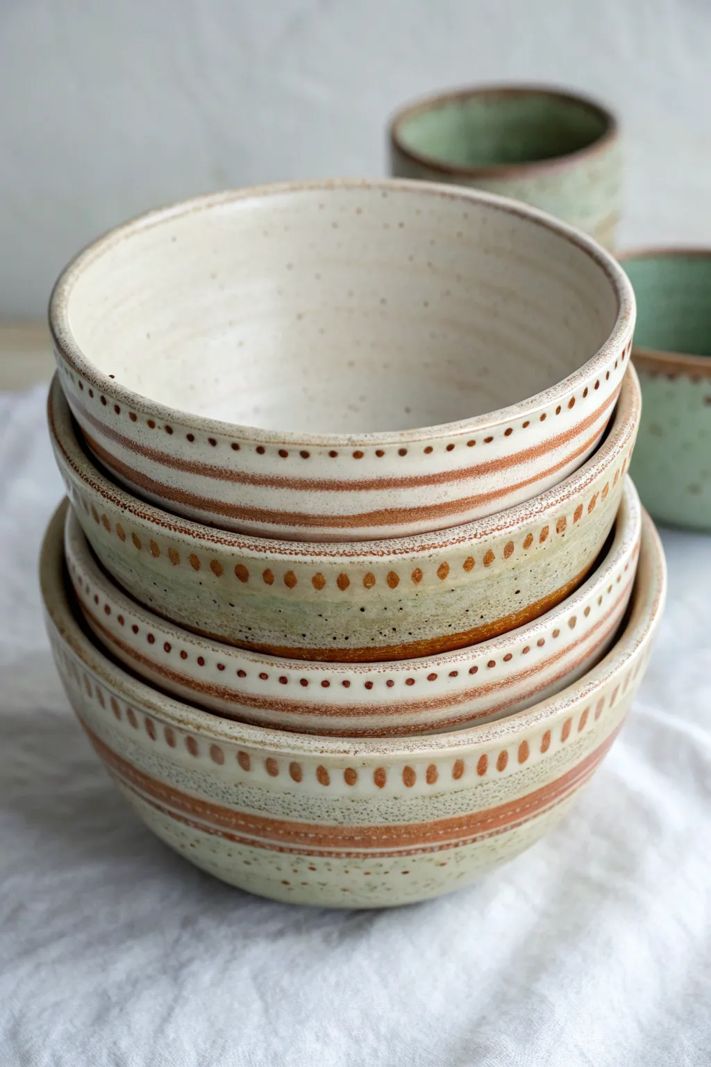 Minimal nesting bowl set with repeating stripes and dots in soft, earthy tones