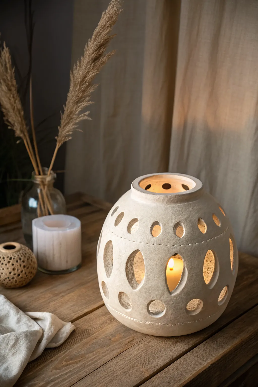 Minimal pierced clay luminary, warm candlelight casting delicate patterns for cozy boho nights.