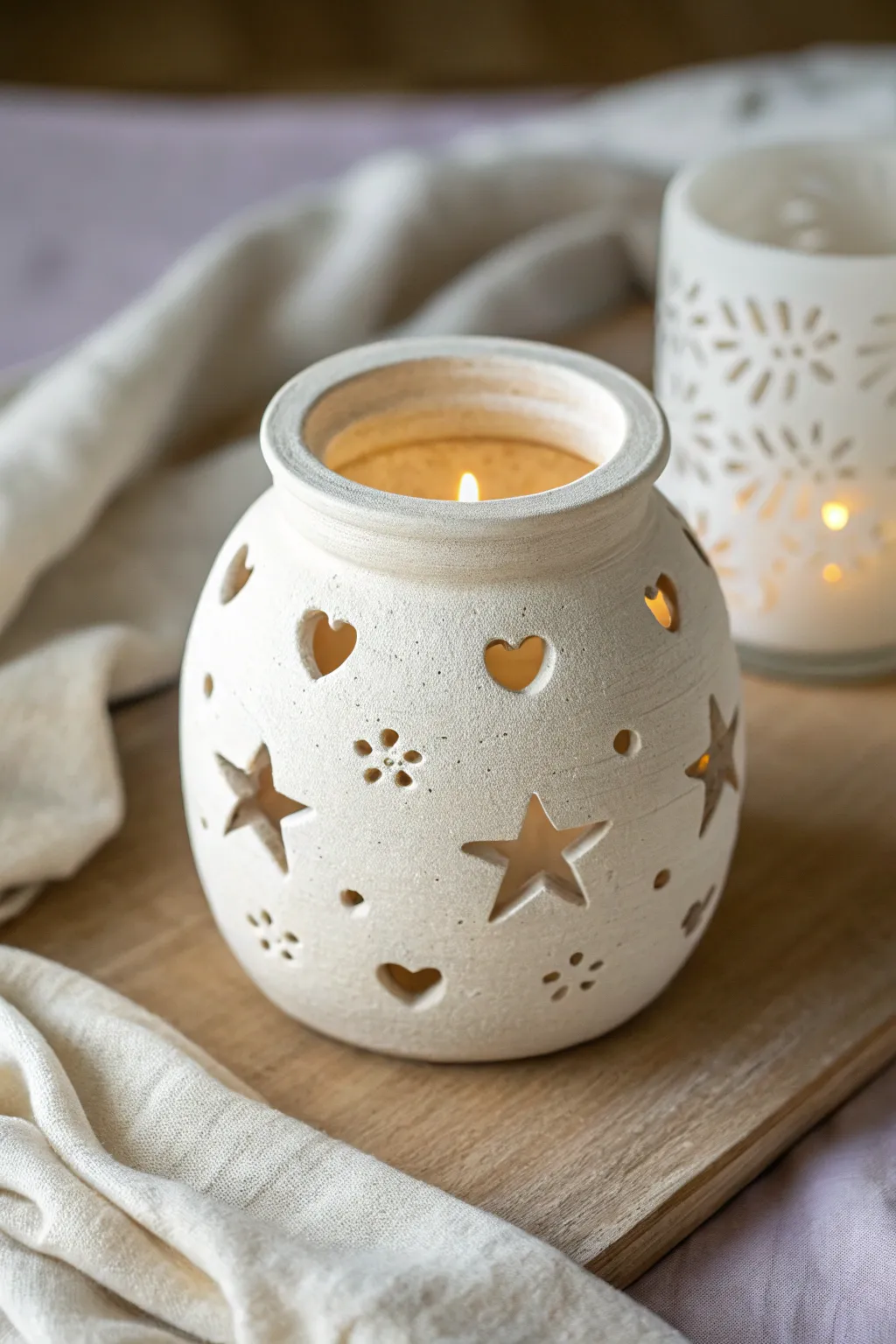 Kid-friendly cutout clay luminary jar with a warm glow, simple shapes and cozy minimal style