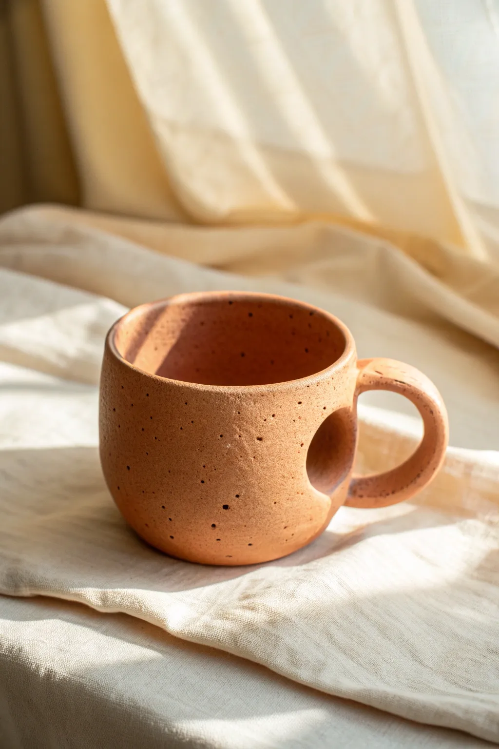 Minimalist mug with sculpted cutout handle, soft matte glaze, and clean Scandinavian lines.