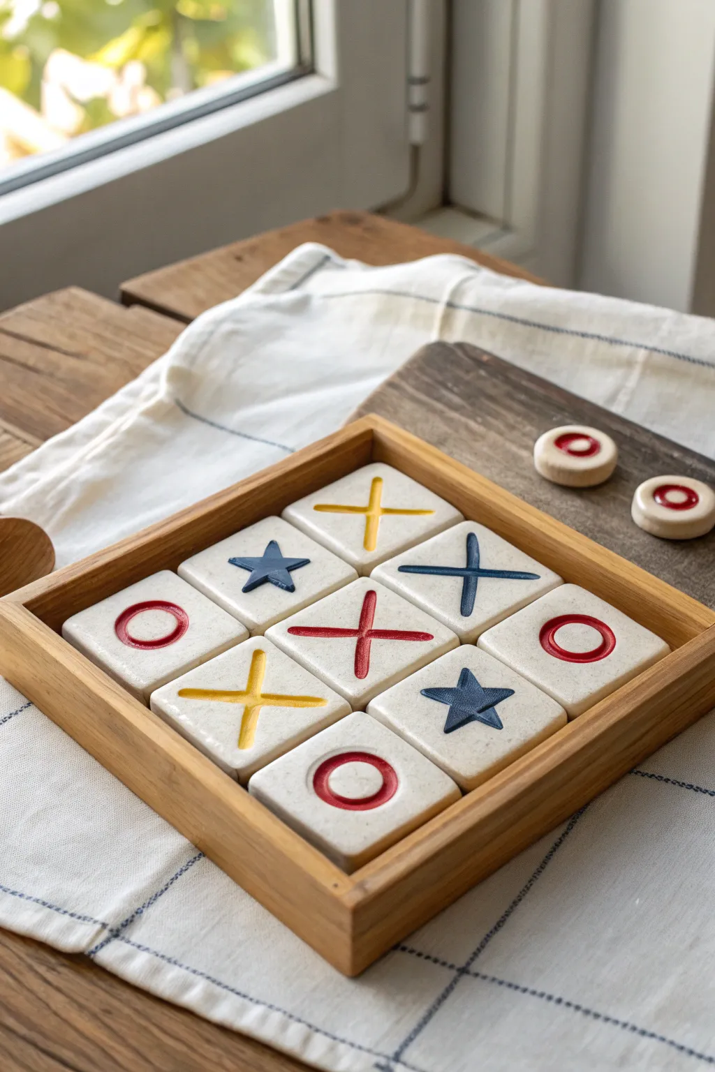 Handmade clay tic tac toe tiles in bold colors, a playful pottery gift kids will love.