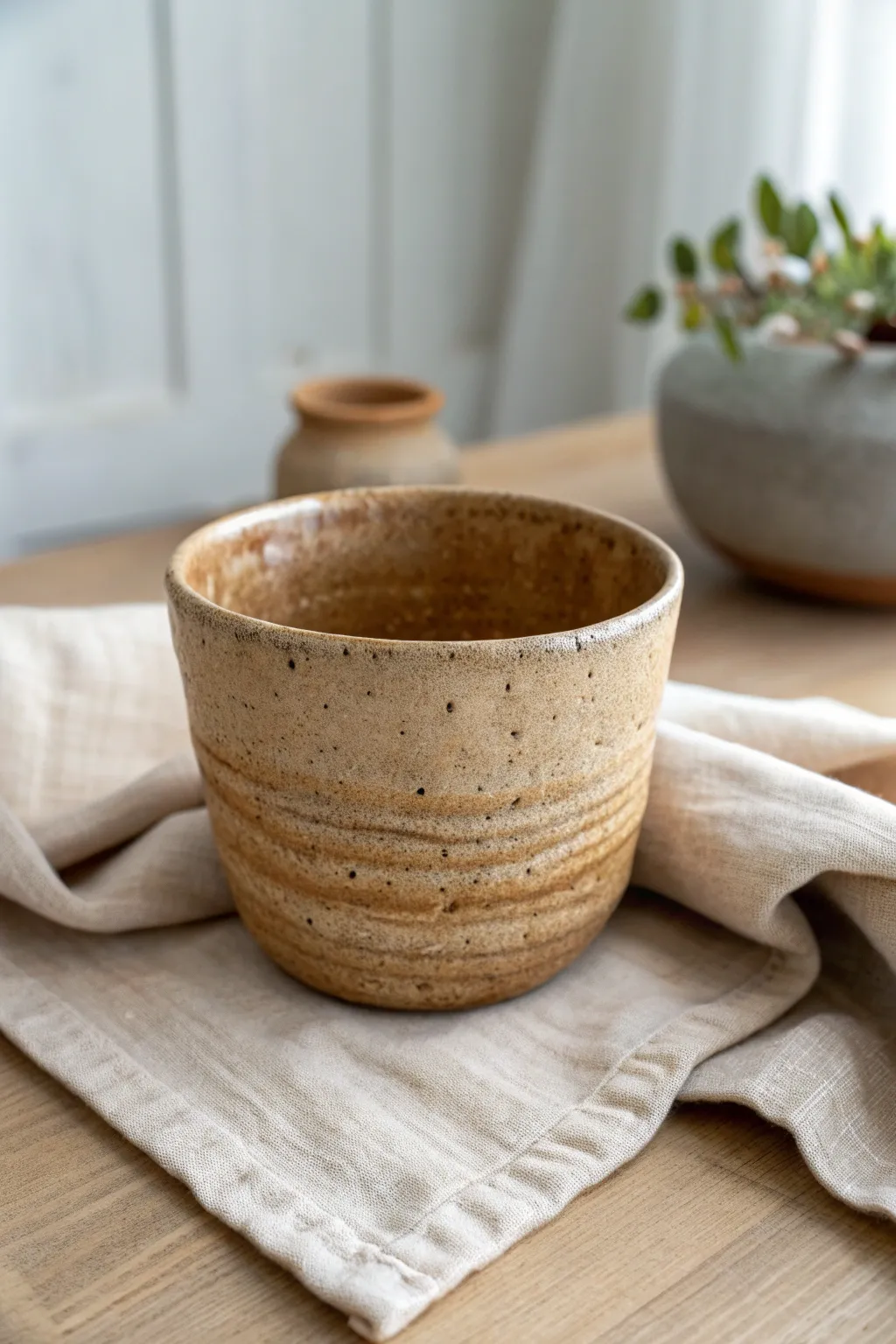 Rustic kurinuki cup with hand-carved texture and earthy glaze on linen, warm minimalist mood