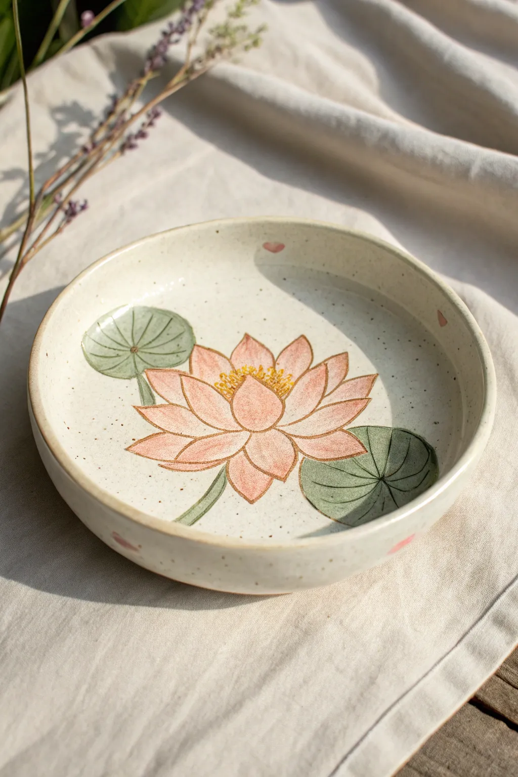 Minimal lotus dish painting: soft blush petals and sage pads for a calm, spa-like finish