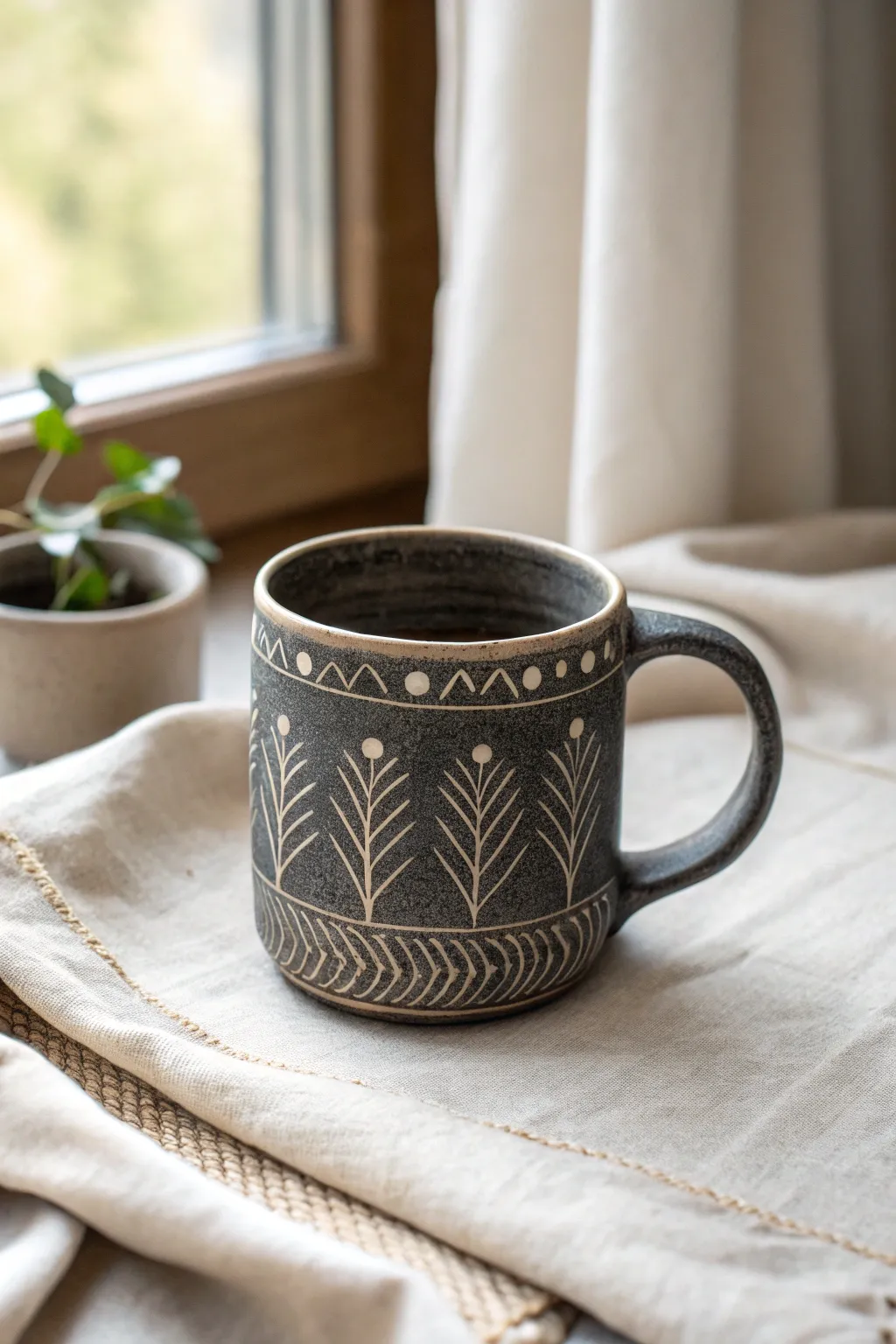 Matte charcoal mug with leaf sgraffito scratches revealing warm ivory clay in crisp contrast