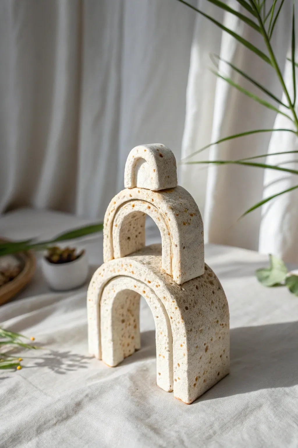 Minimal arch sculpture with stone-like glaze, a tiny ruin for calm Scandinavian styling