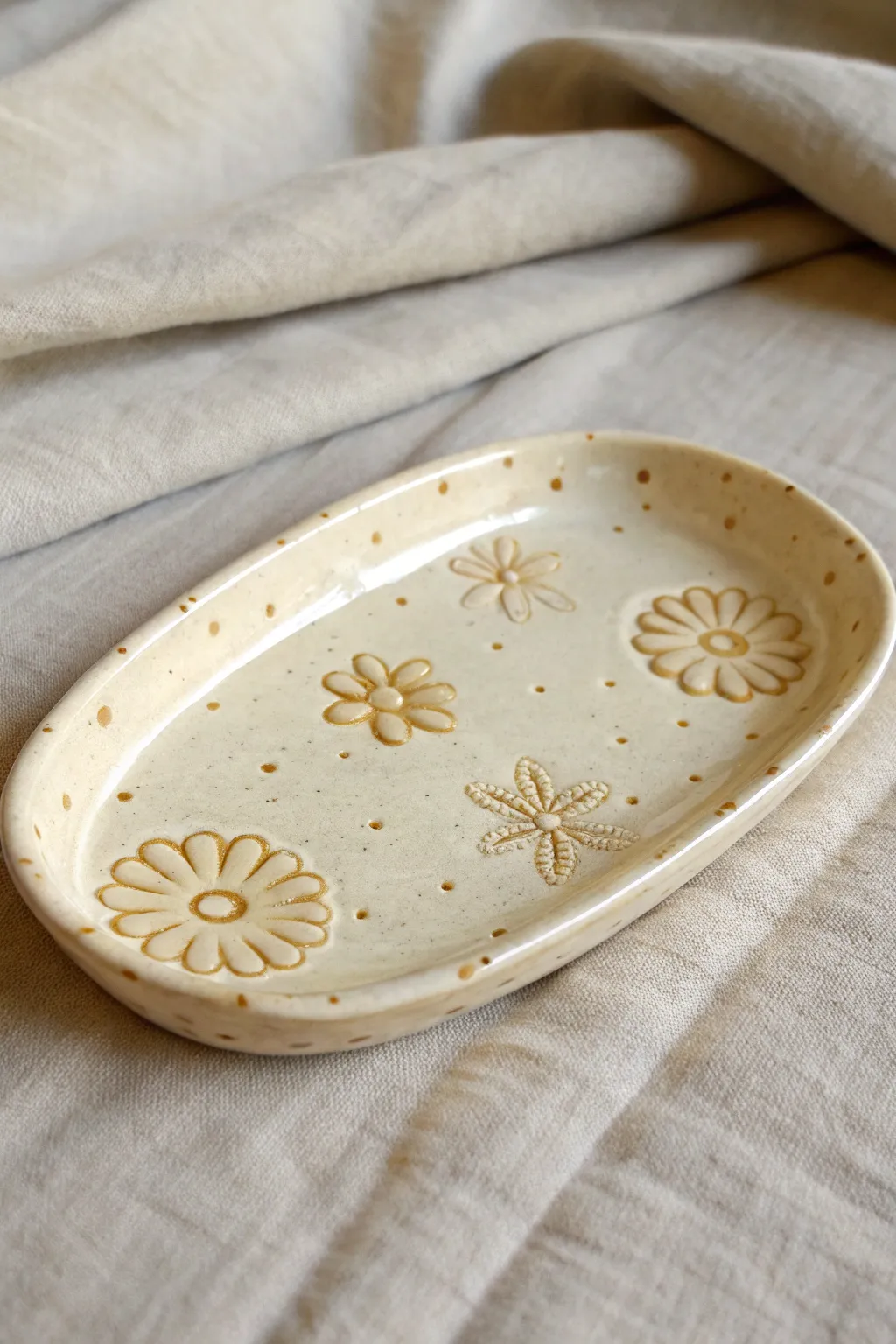 Glossy raised accent charm tray in warm ivory, a minimalist-boho catchall for rings and pins.