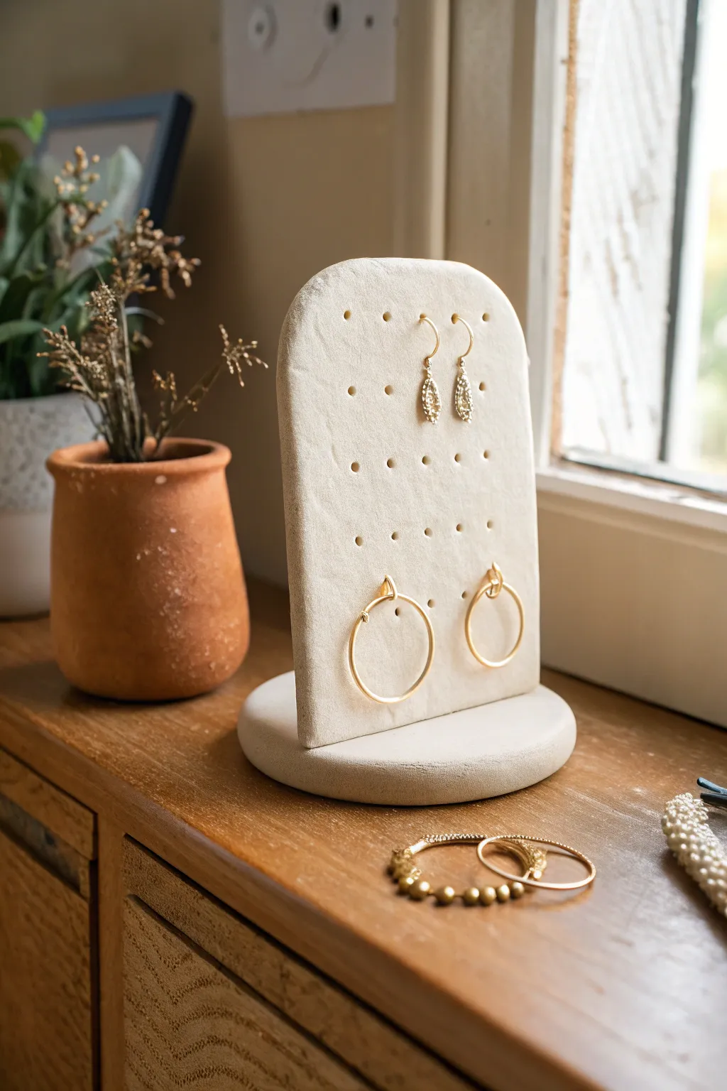 Minimal air dry clay earring stand with peg holes, perfect for a calm Scandinavian vanity setup.