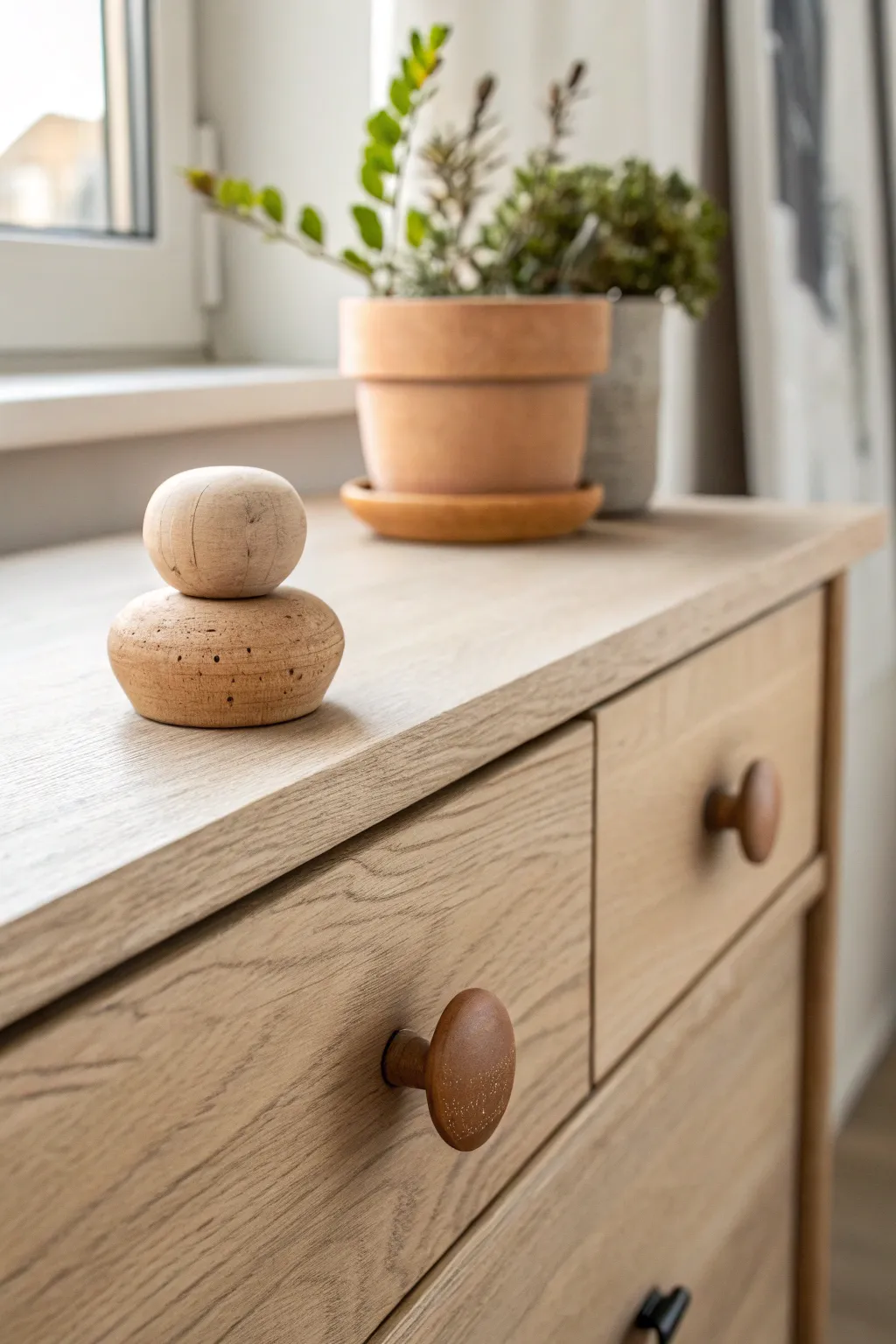 Handmade clay drawer knob adds subtle personality to a minimalist dresser in warm neutral tones.