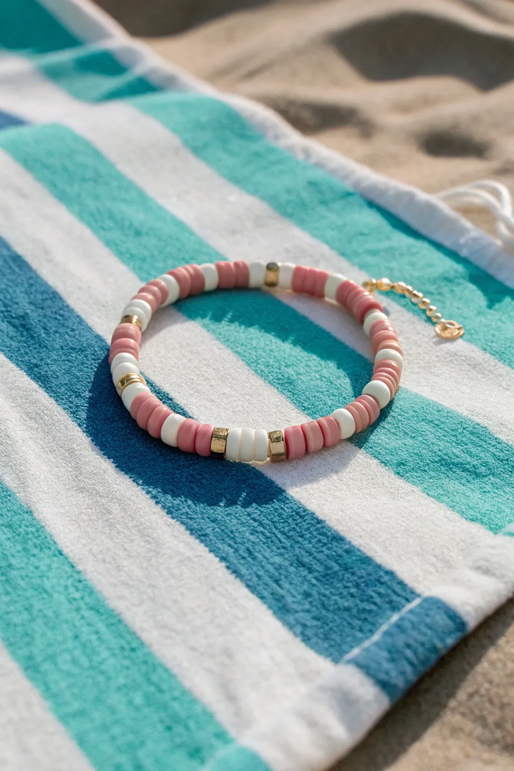 Preppy checkerboard clay Heishi bracelet in pink and white, styled on a bold beach towel