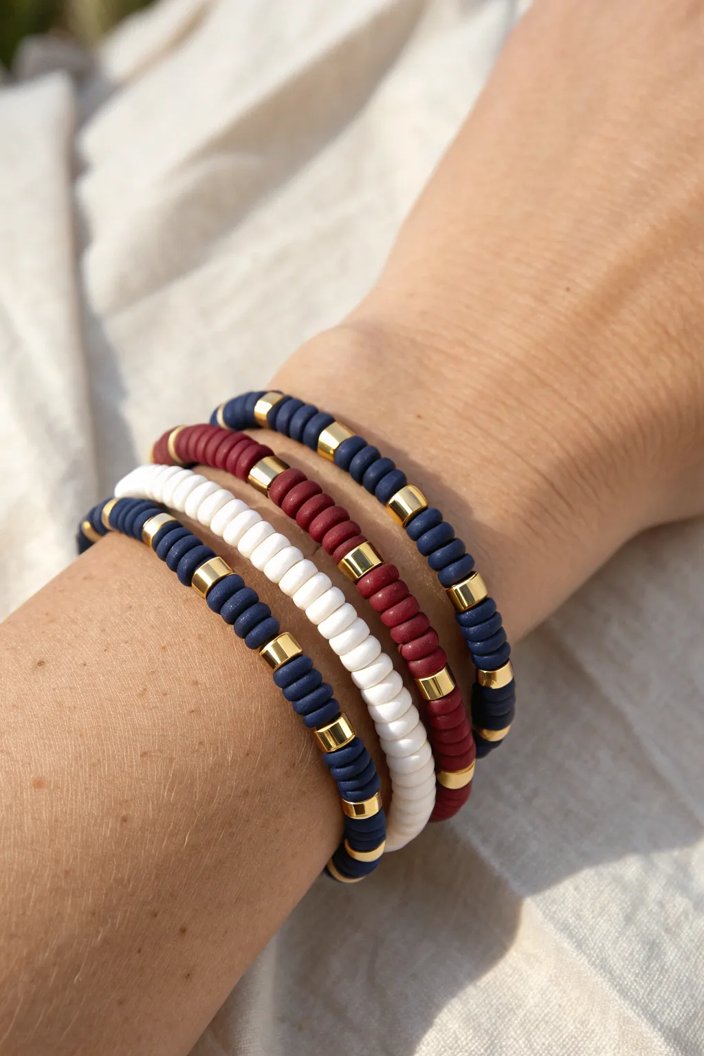 Preppy school-color clay bead stack with gold spacers for an easy polished everyday look