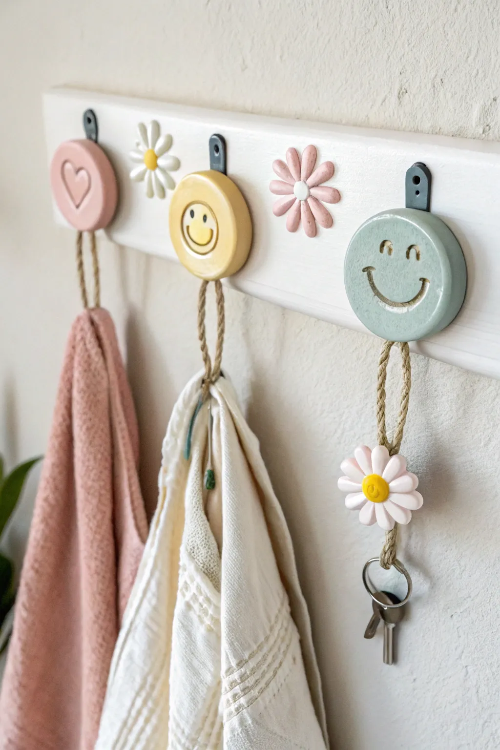 Pastel preppy wall hooks with sweet icons, a minimal way to organize with charm.