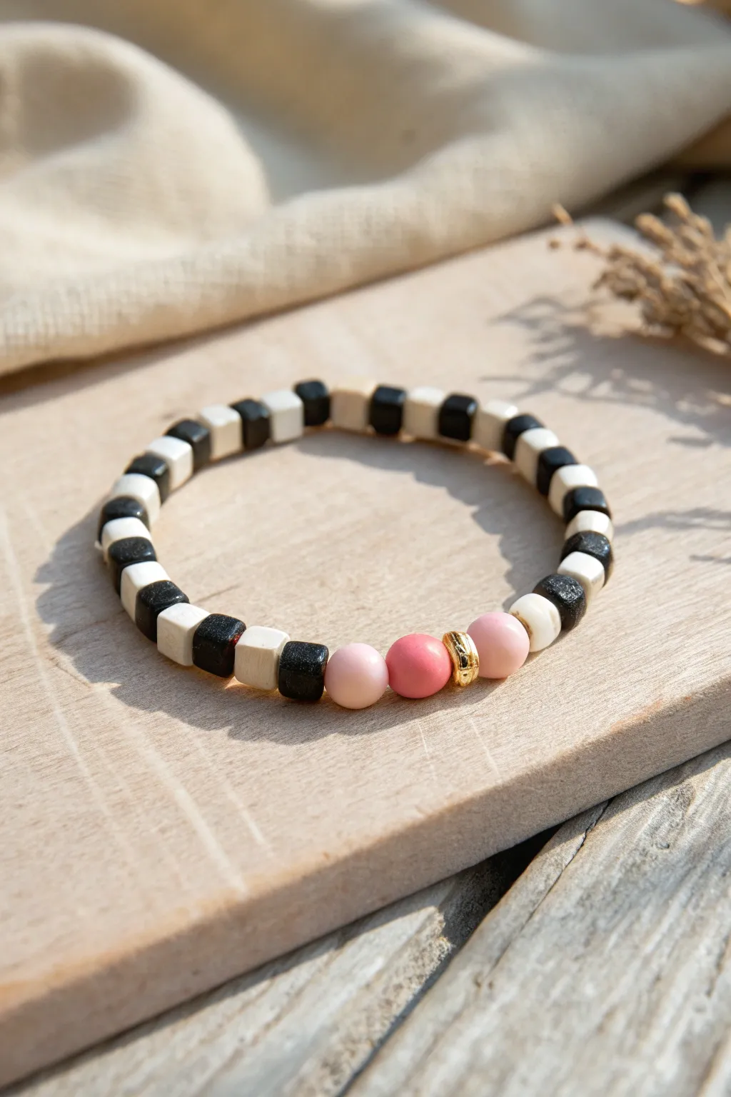 Preppy checkerboard clay bead bracelet with square accents and a blush pink pop.