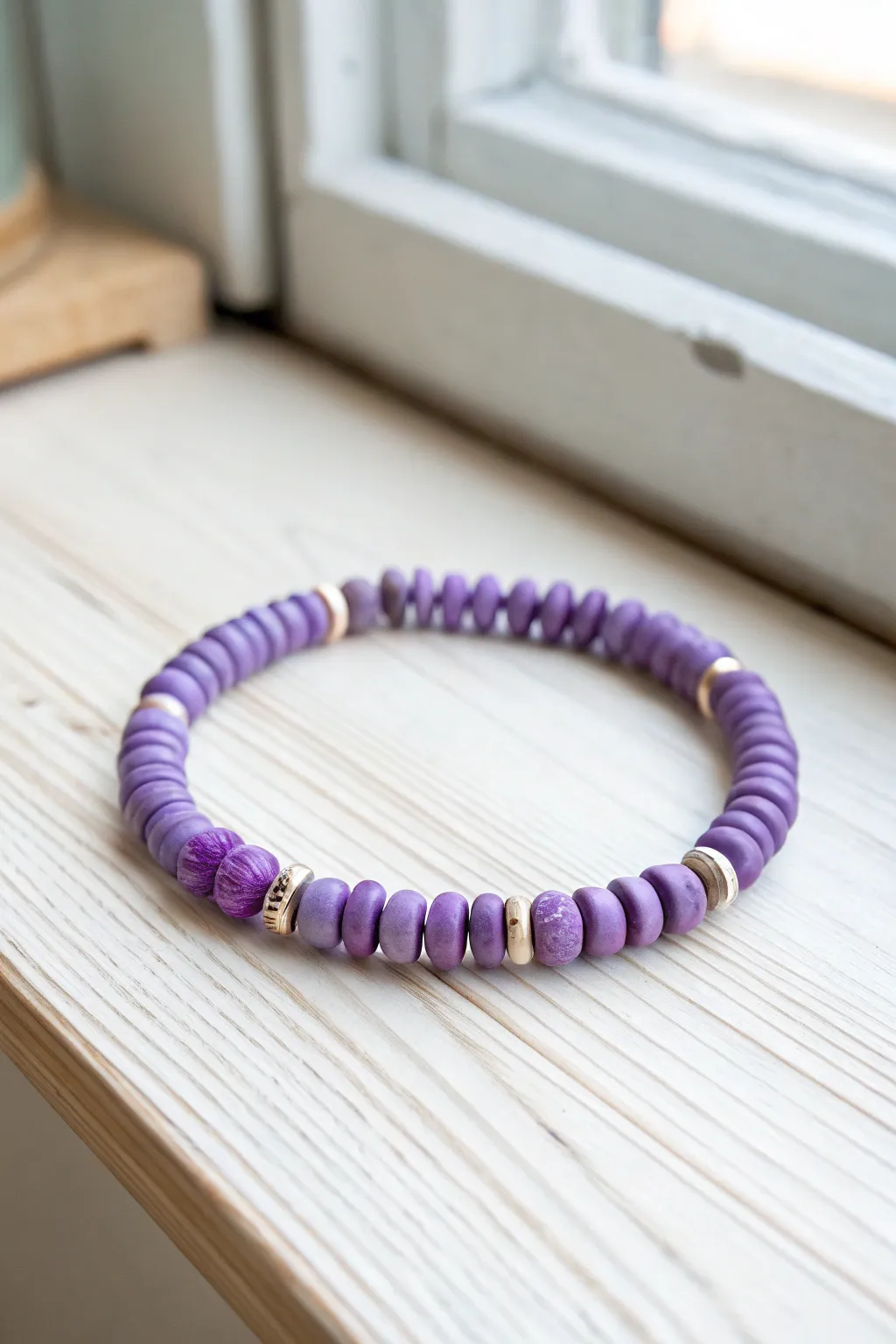 Purple heishi discs with evenly spaced tube beads for a simple, modern handmade look