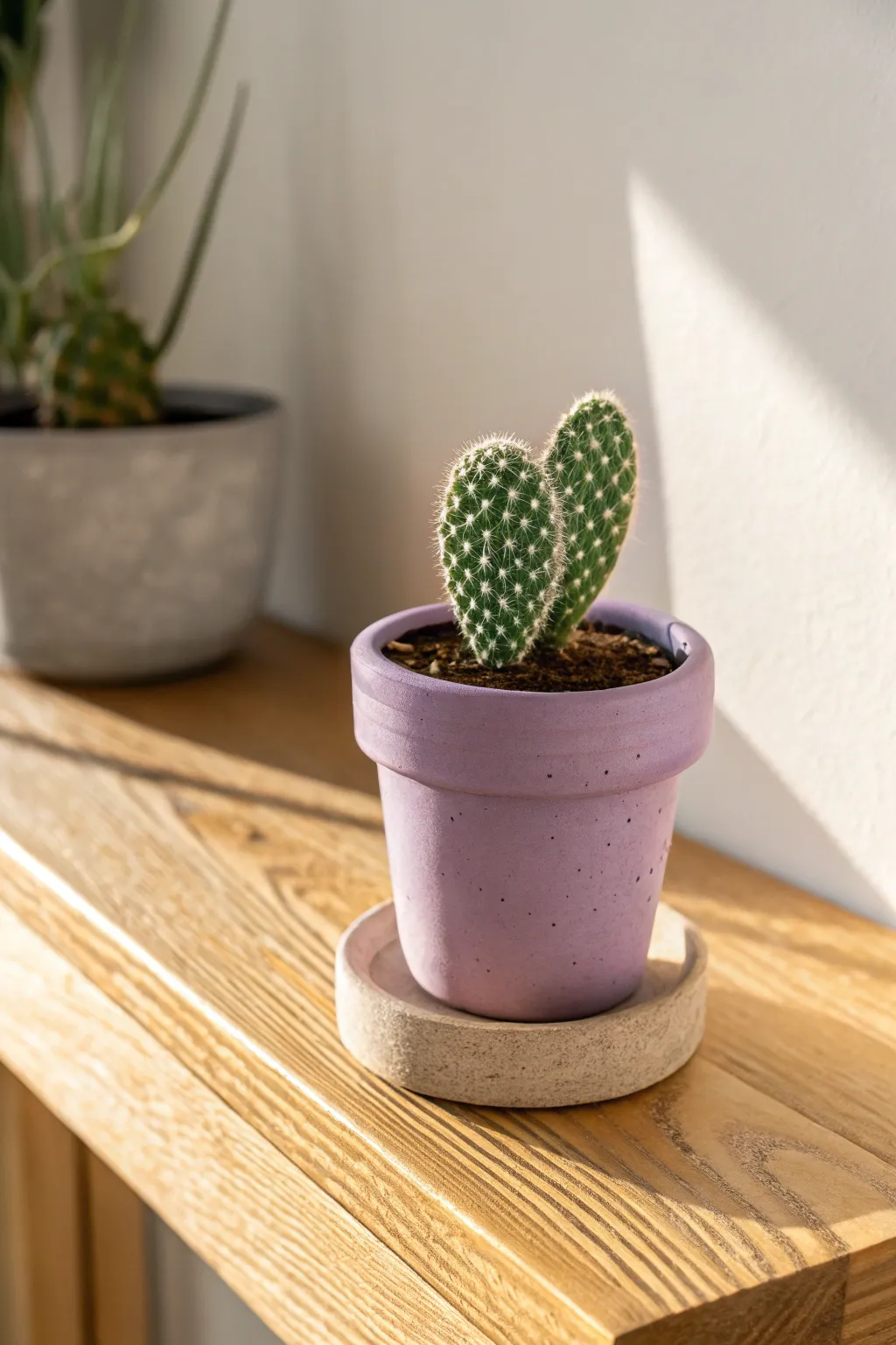 Lavender cactus mini planter in a soft purple pot, cozy shelf decor with minimalist charm.