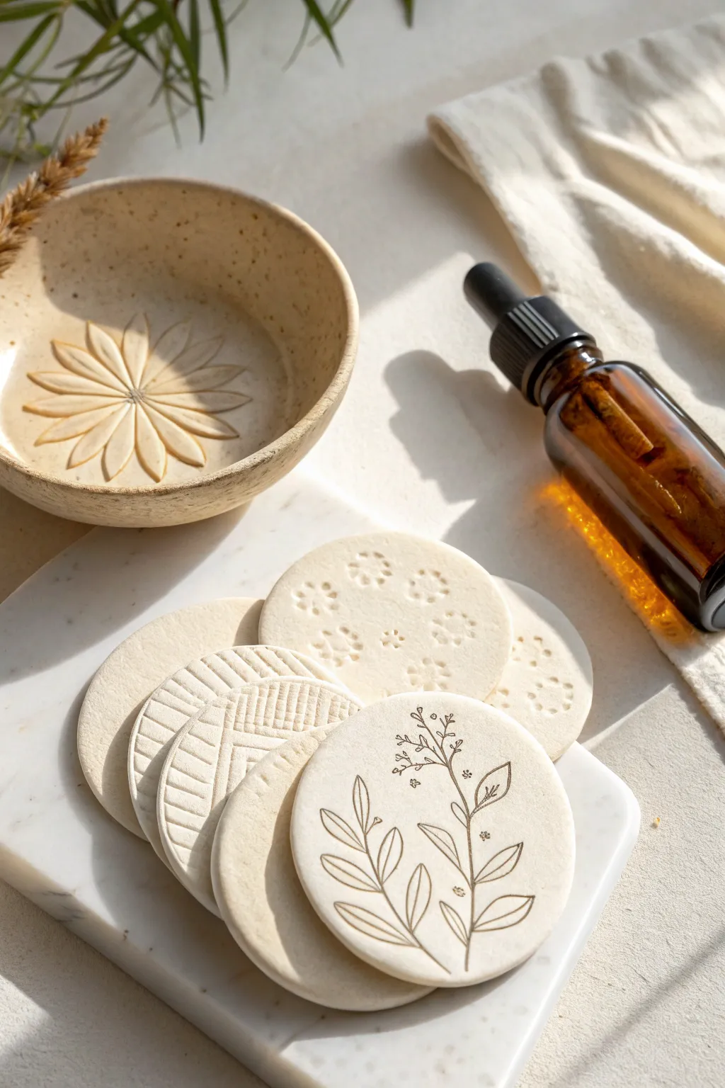 Stamped air-dry clay diffuser discs in a bright flat lay, minimalist and boho for gentle scent.