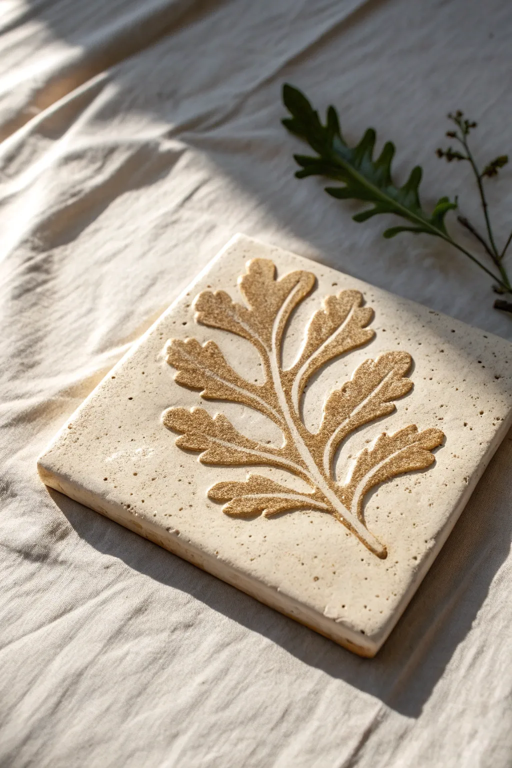 High-relief tile with a seaweed curl that spills past the edge, lit for bold shadow drama.