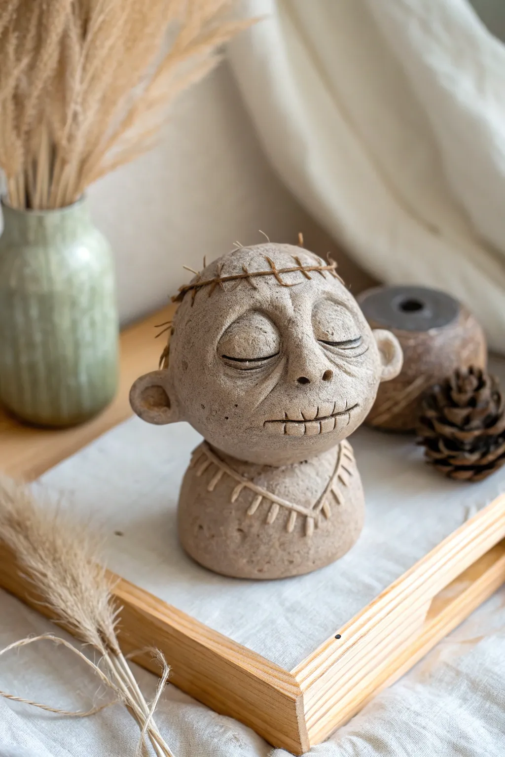 Tiny shrunken-head clay totem with stitched mouth and textured hair, styled in calm minimal decor.