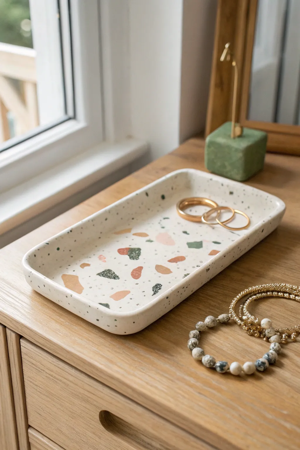 DIY faux terrazzo air-dry clay tray idea, minimalist and boho-chic for jewelry and clips